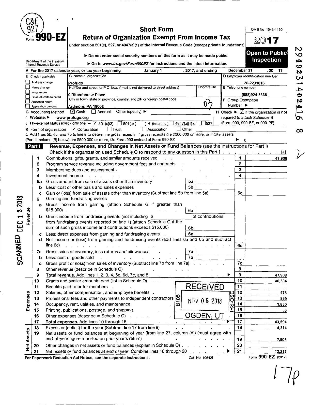 Image of first page of 2017 Form 990EZ for Profugo