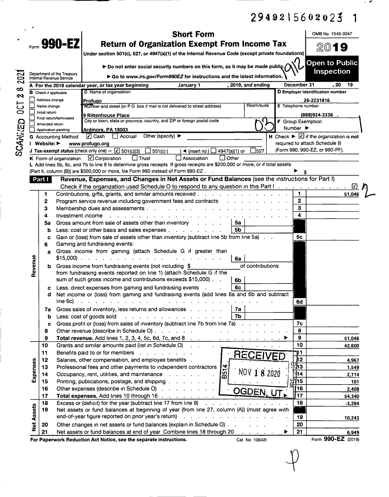 Image of first page of 2019 Form 990EZ for Profugo