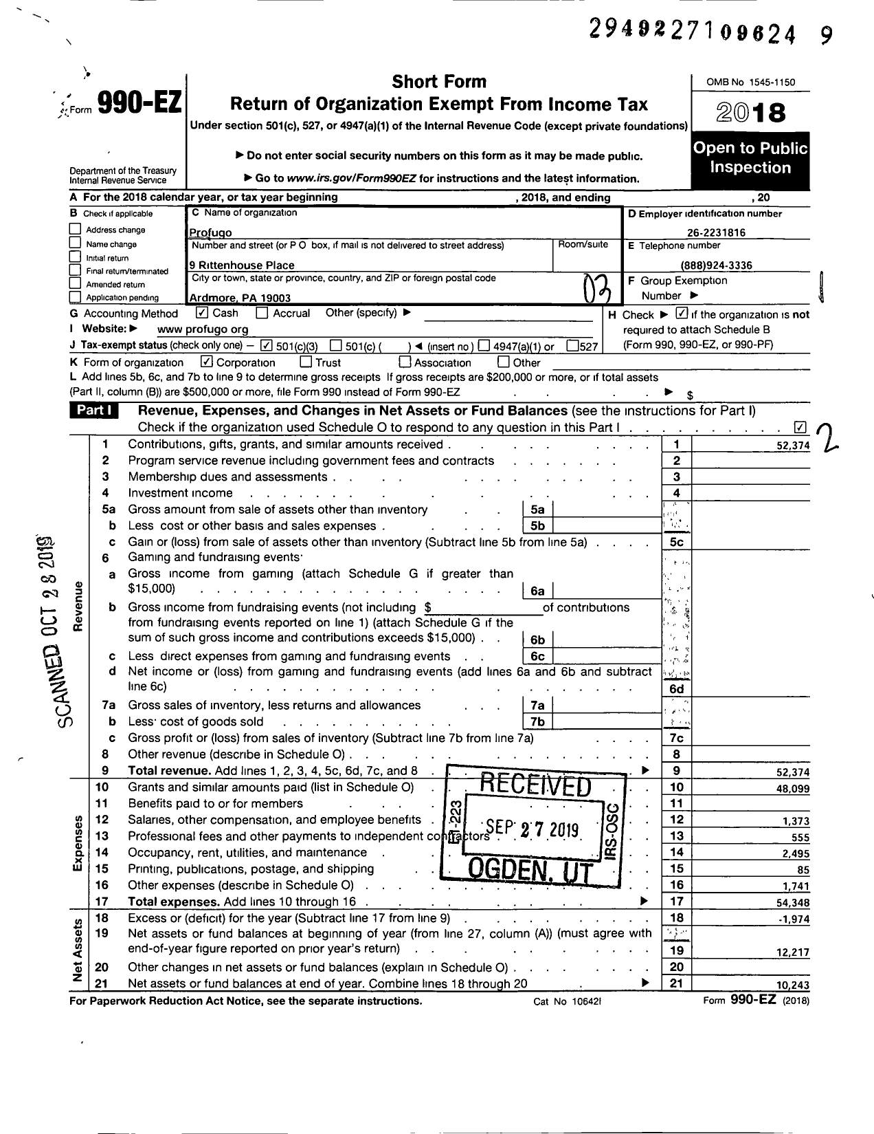 Image of first page of 2018 Form 990EZ for Profugo