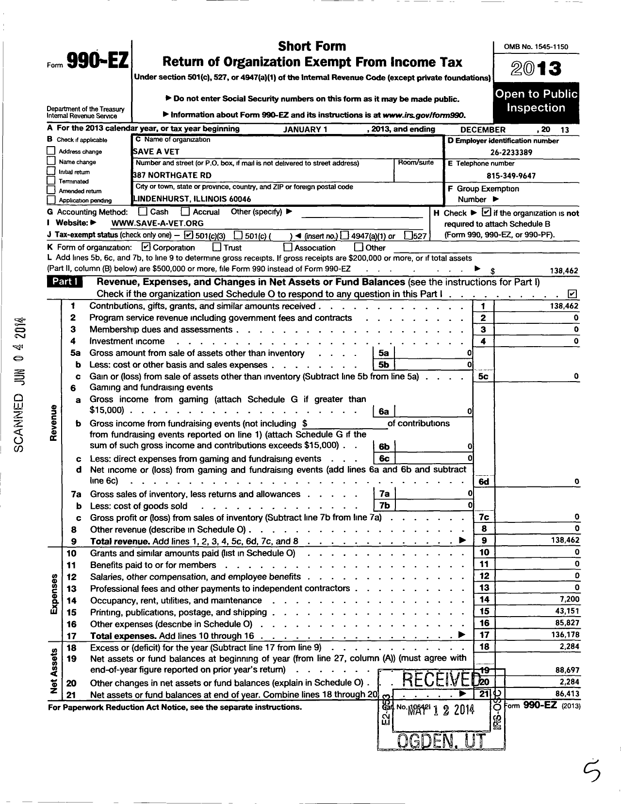 Image of first page of 2013 Form 990EZ for Save-A-Vet