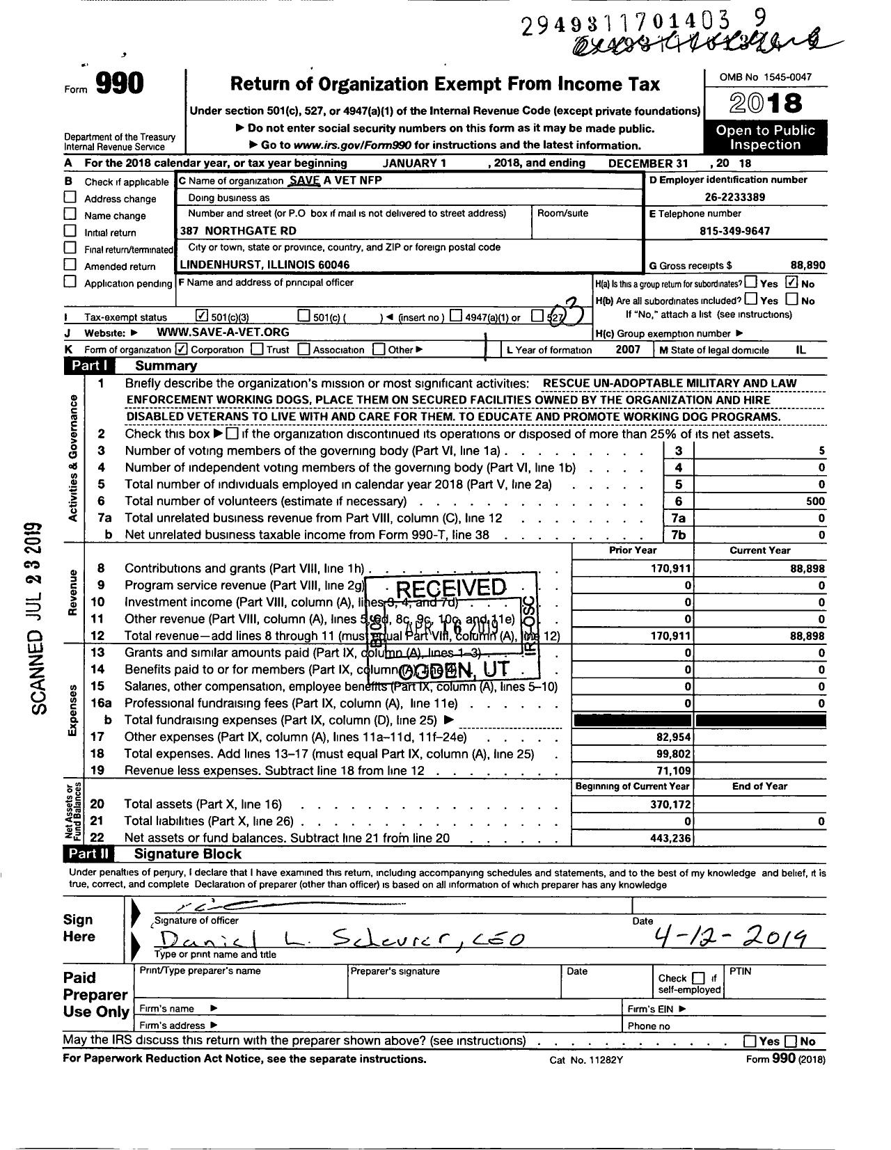 Image of first page of 2018 Form 990 for Save-A-Vet