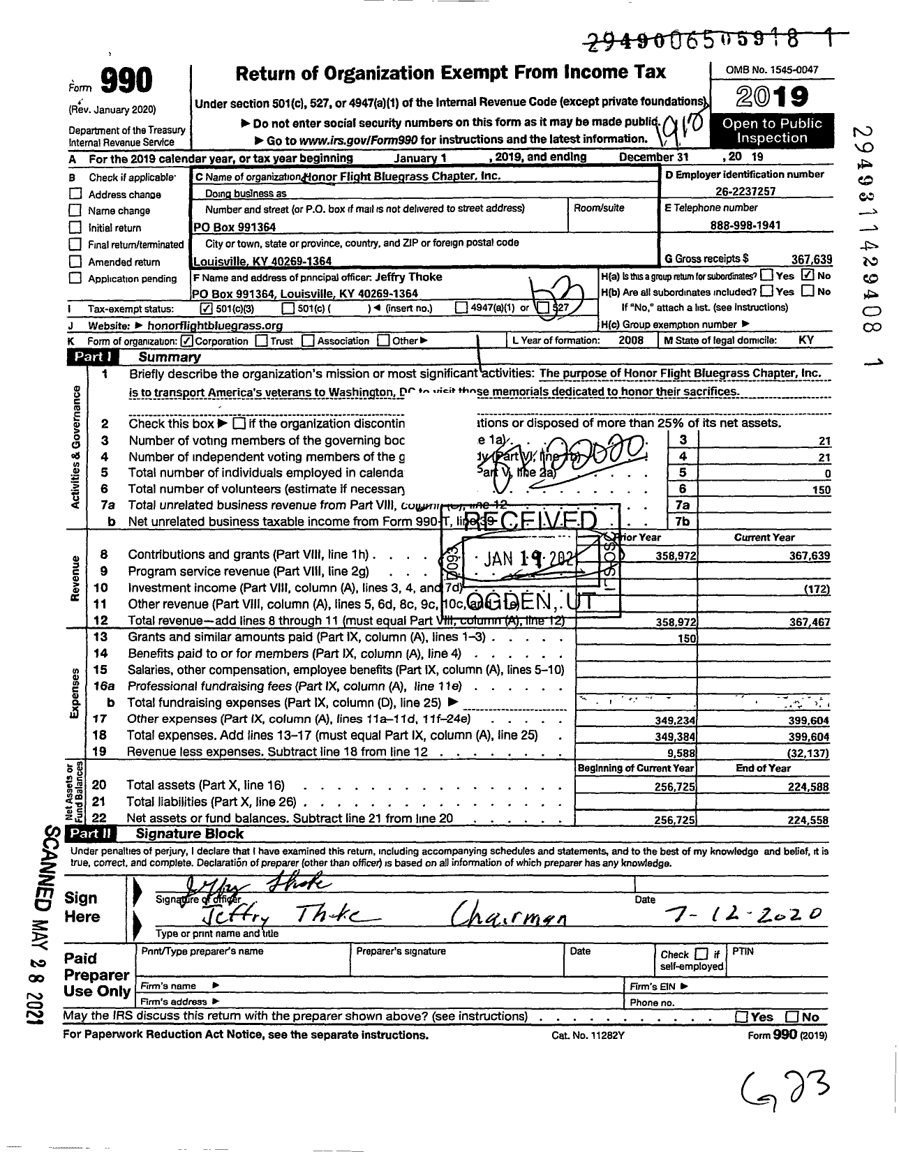 Image of first page of 2019 Form 990 for Honor Flight Bluegrass Chapter