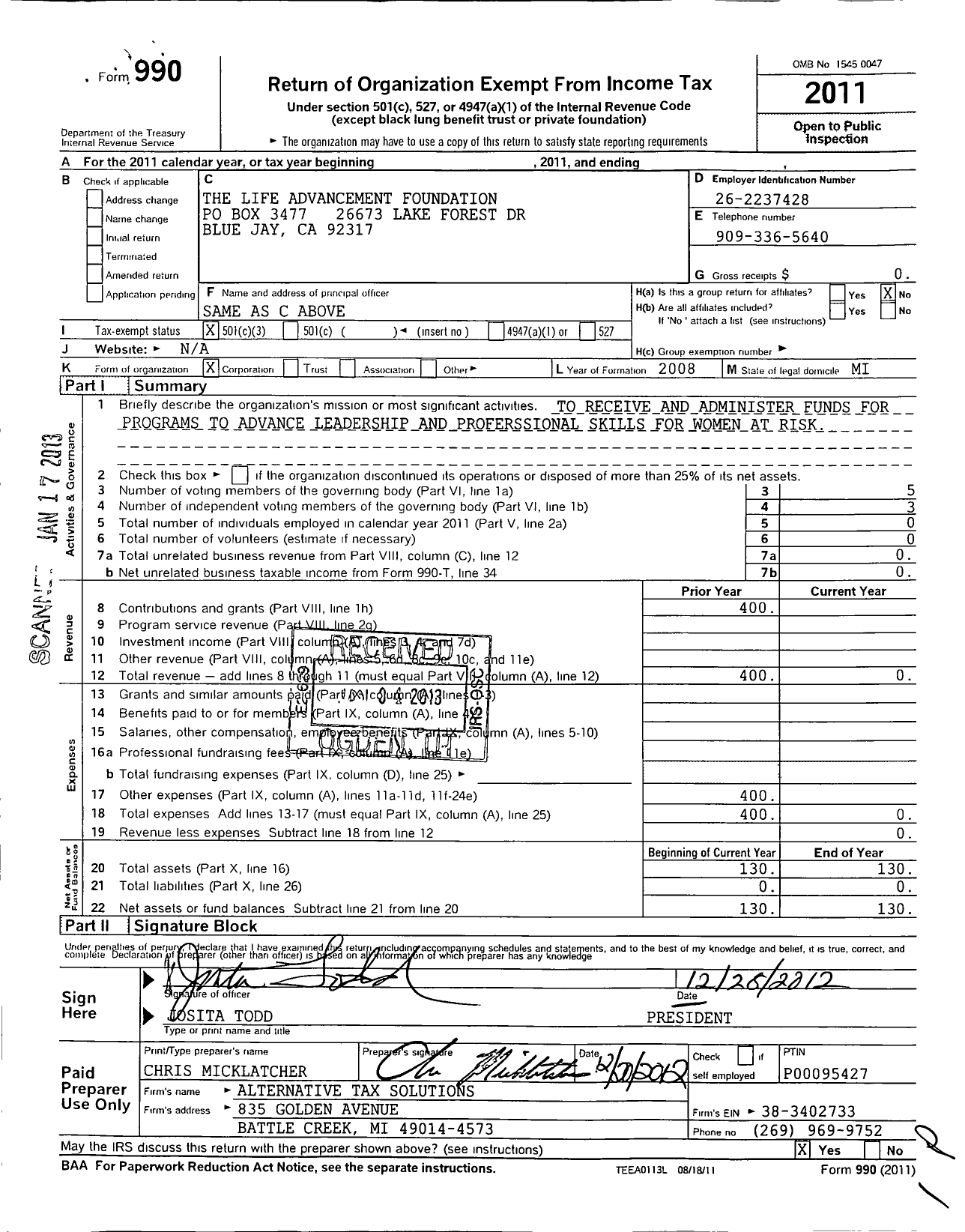 Image of first page of 2011 Form 990 for Life Advancement Foundation