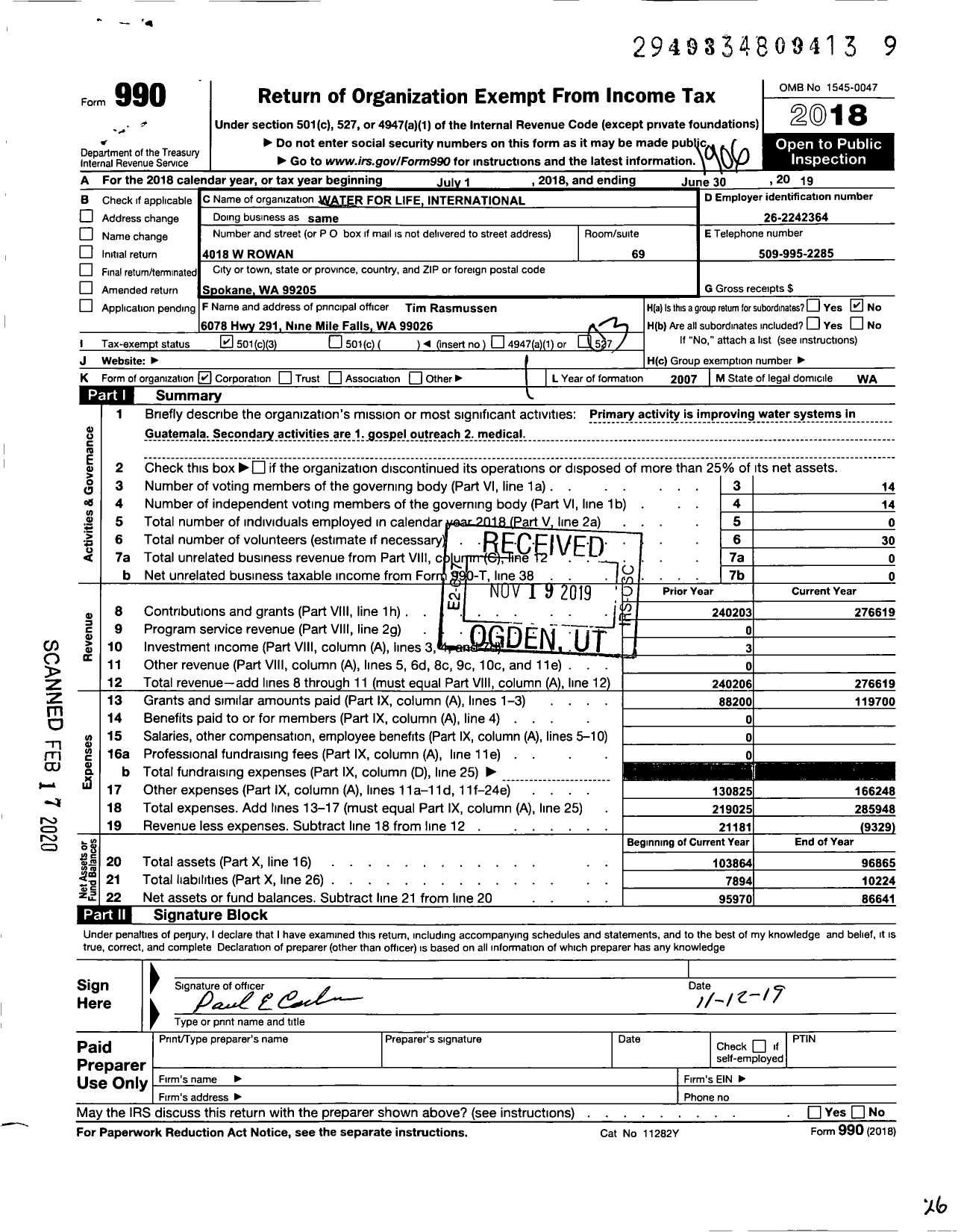 Image of first page of 2018 Form 990 for Water for Life International