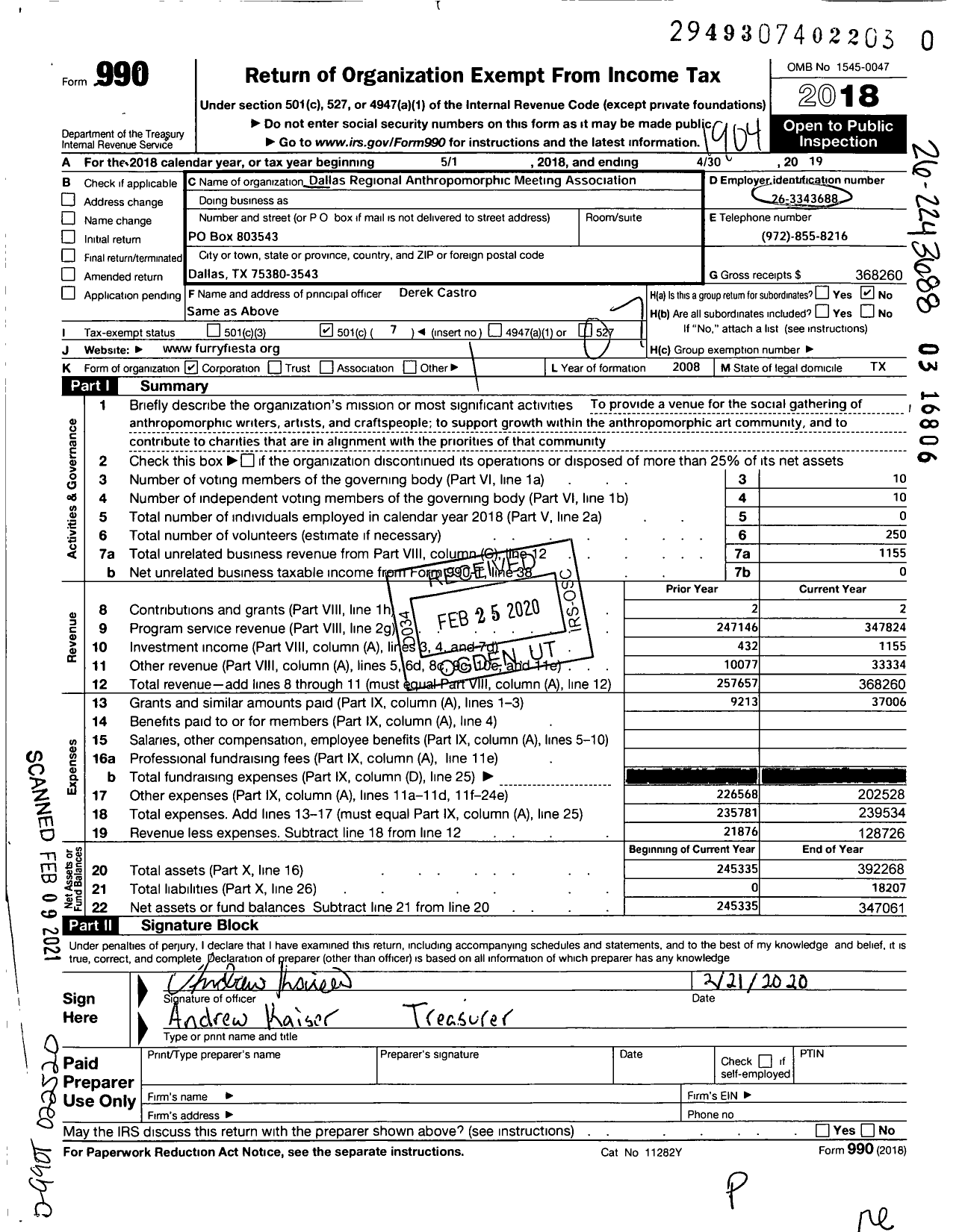 Image of first page of 2018 Form 990O for Dallas Regional Anthroporphic Meeting Association