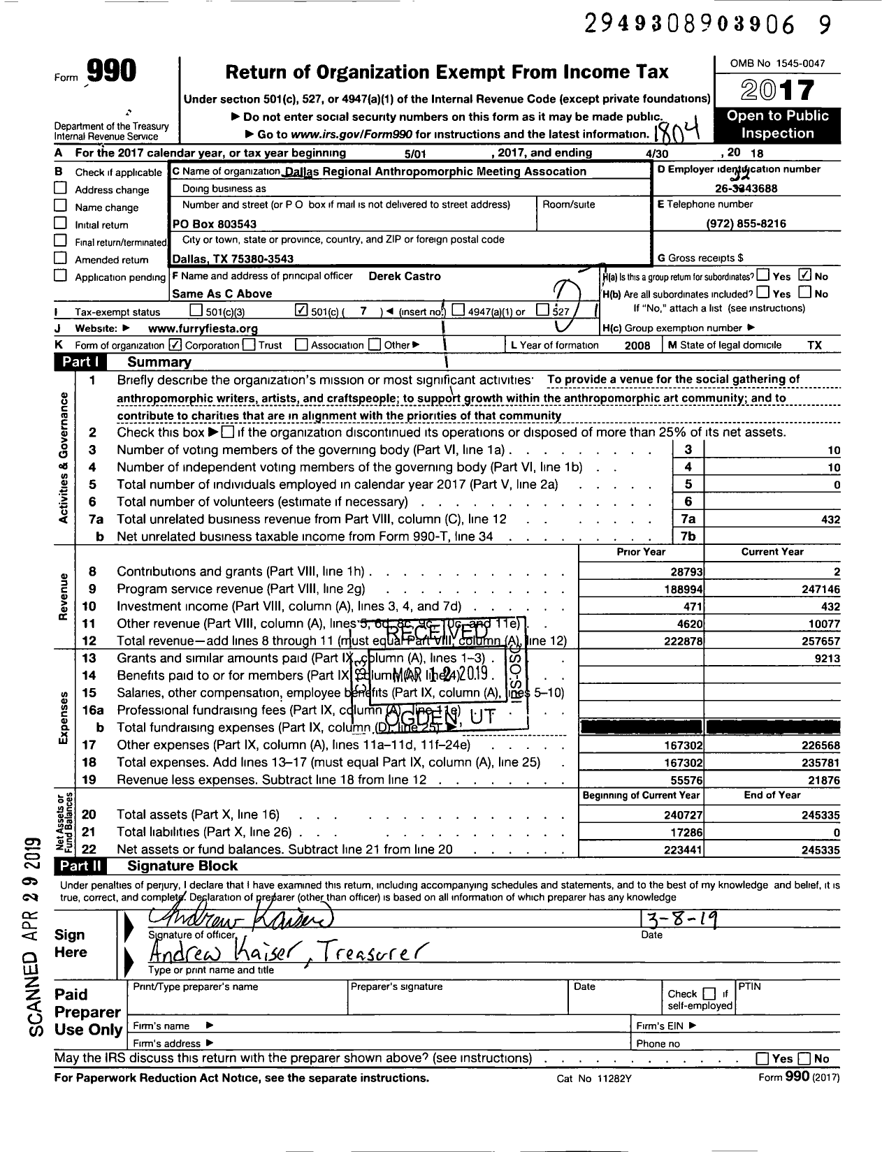 Image of first page of 2017 Form 990O for Dallas Regional Anthroporphic Meeting Association