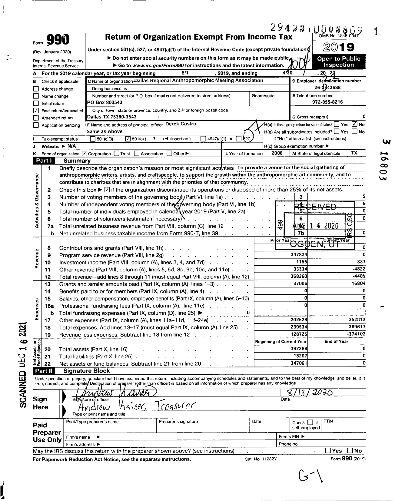 Image of first page of 2019 Form 990O for Dallas Regional Anthroporphic Meeting Association