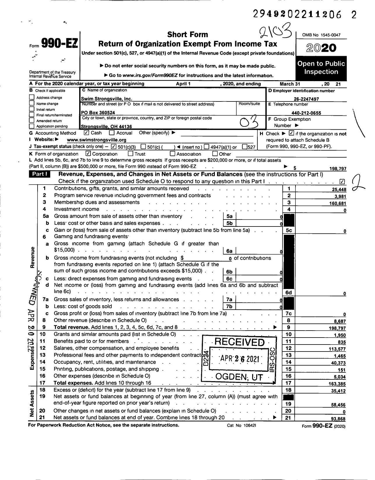 Image of first page of 2020 Form 990EZ for SwimUnited