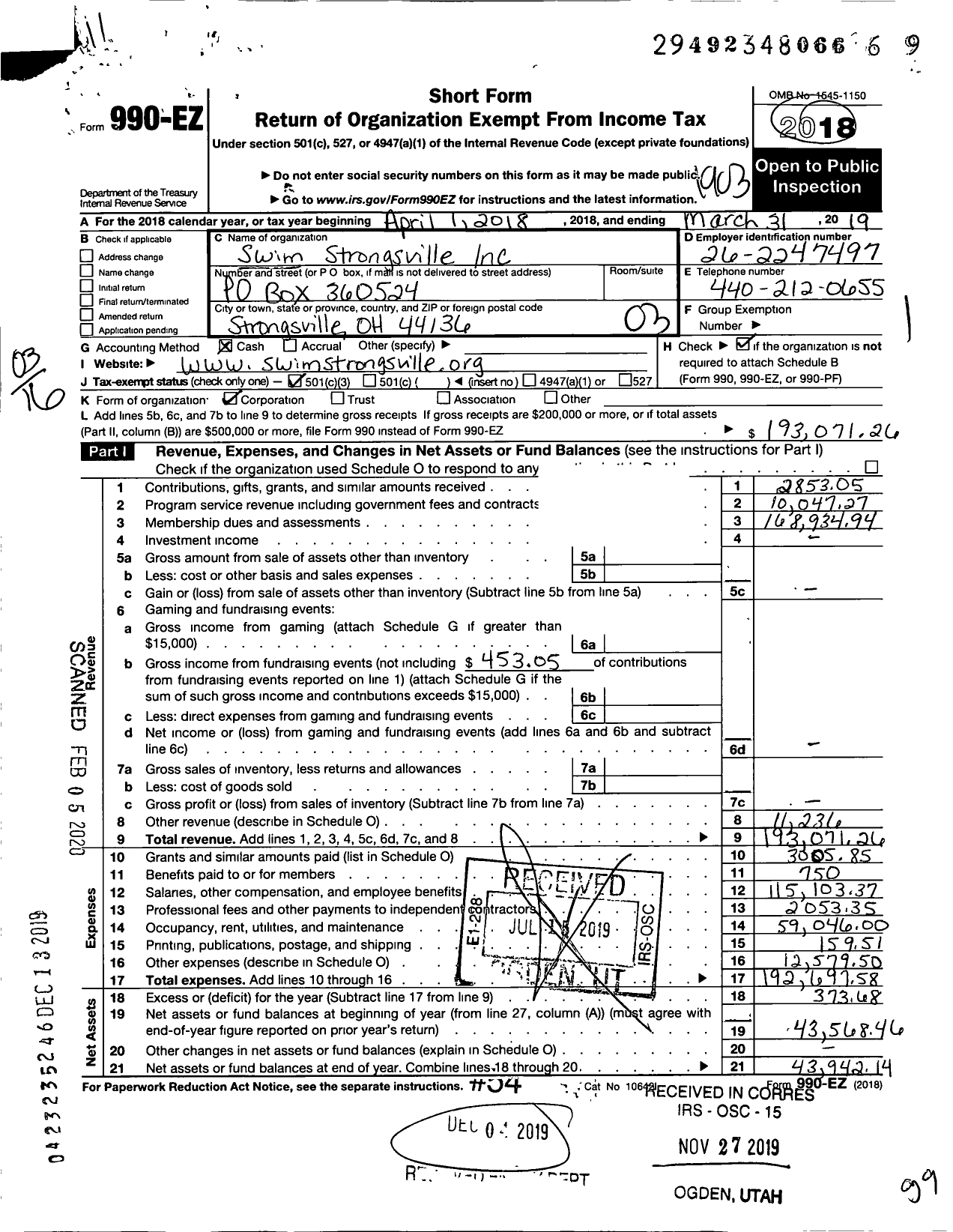 Image of first page of 2018 Form 990EZ for SwimUnited