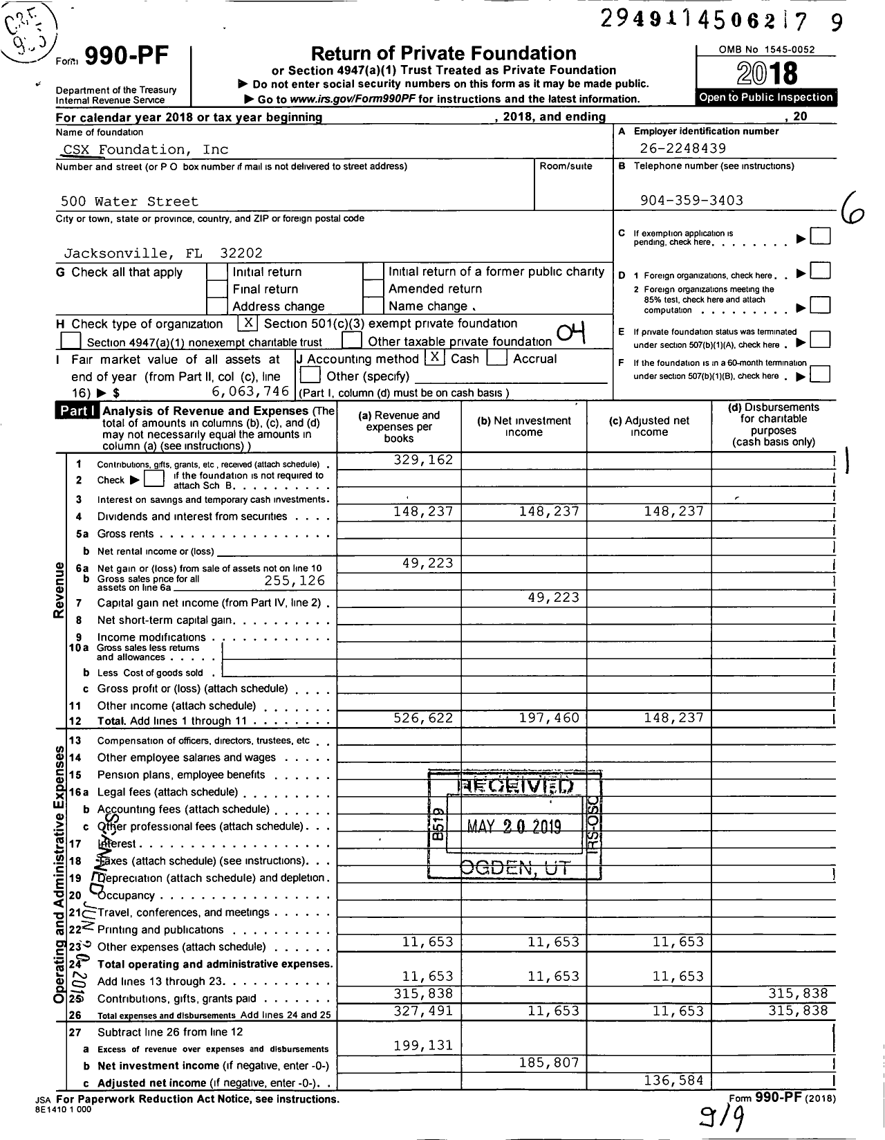 Image of first page of 2018 Form 990PF for CSX Foundation