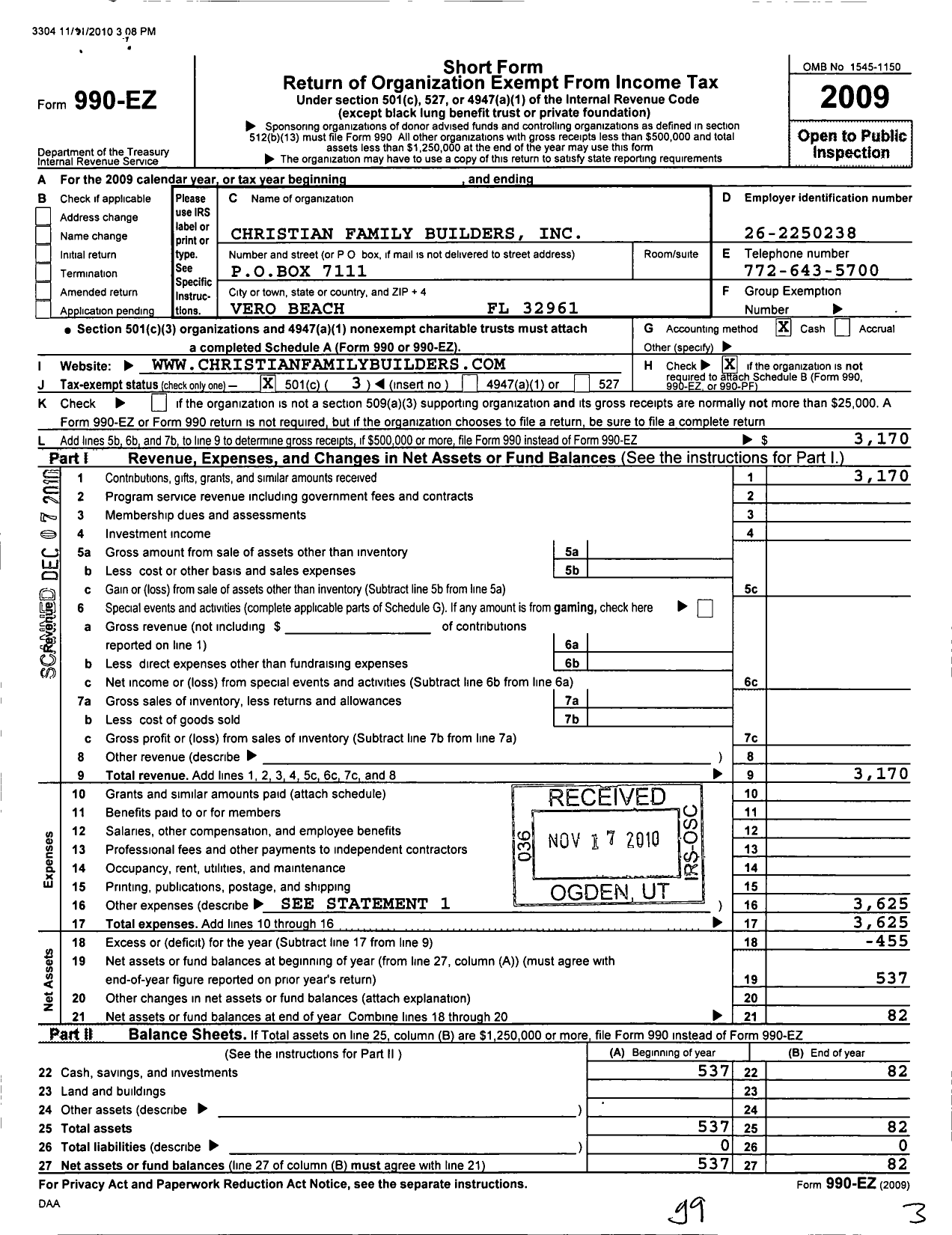 Image of first page of 2009 Form 990EZ for Christian Family Builders