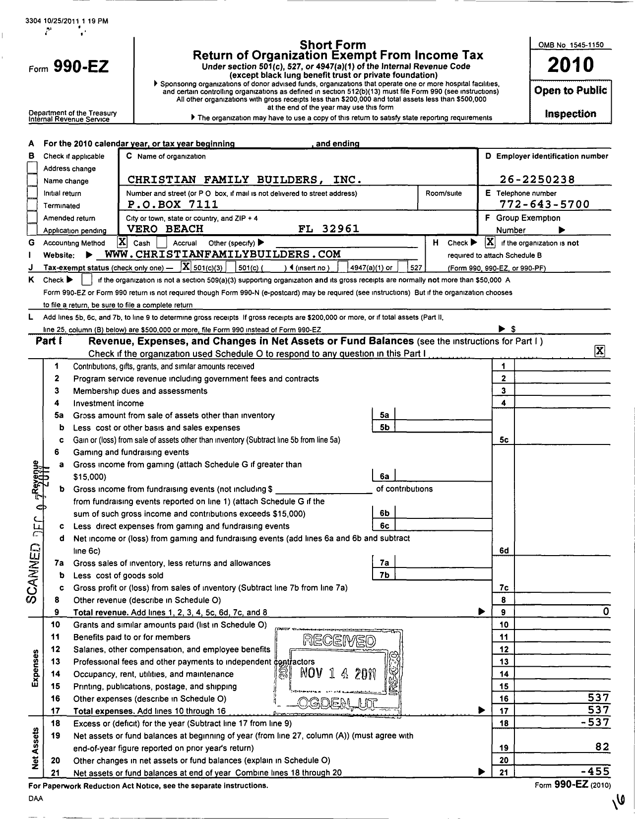 Image of first page of 2010 Form 990EZ for Christian Family Builders