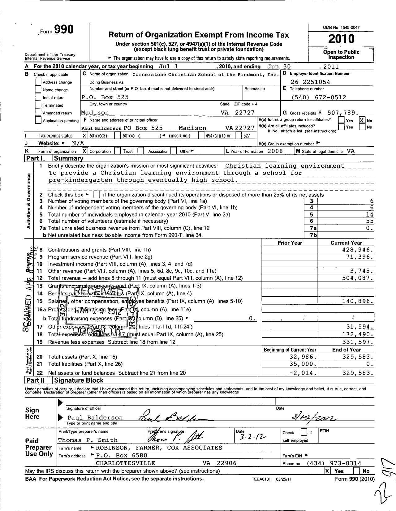 Image of first page of 2010 Form 990 for Cornerstone Christian School of the Piedmont