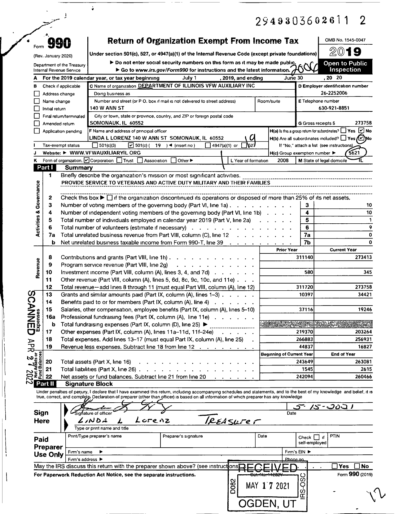 Image of first page of 2019 Form 990O for Department of Illinois VFW Auxiliary