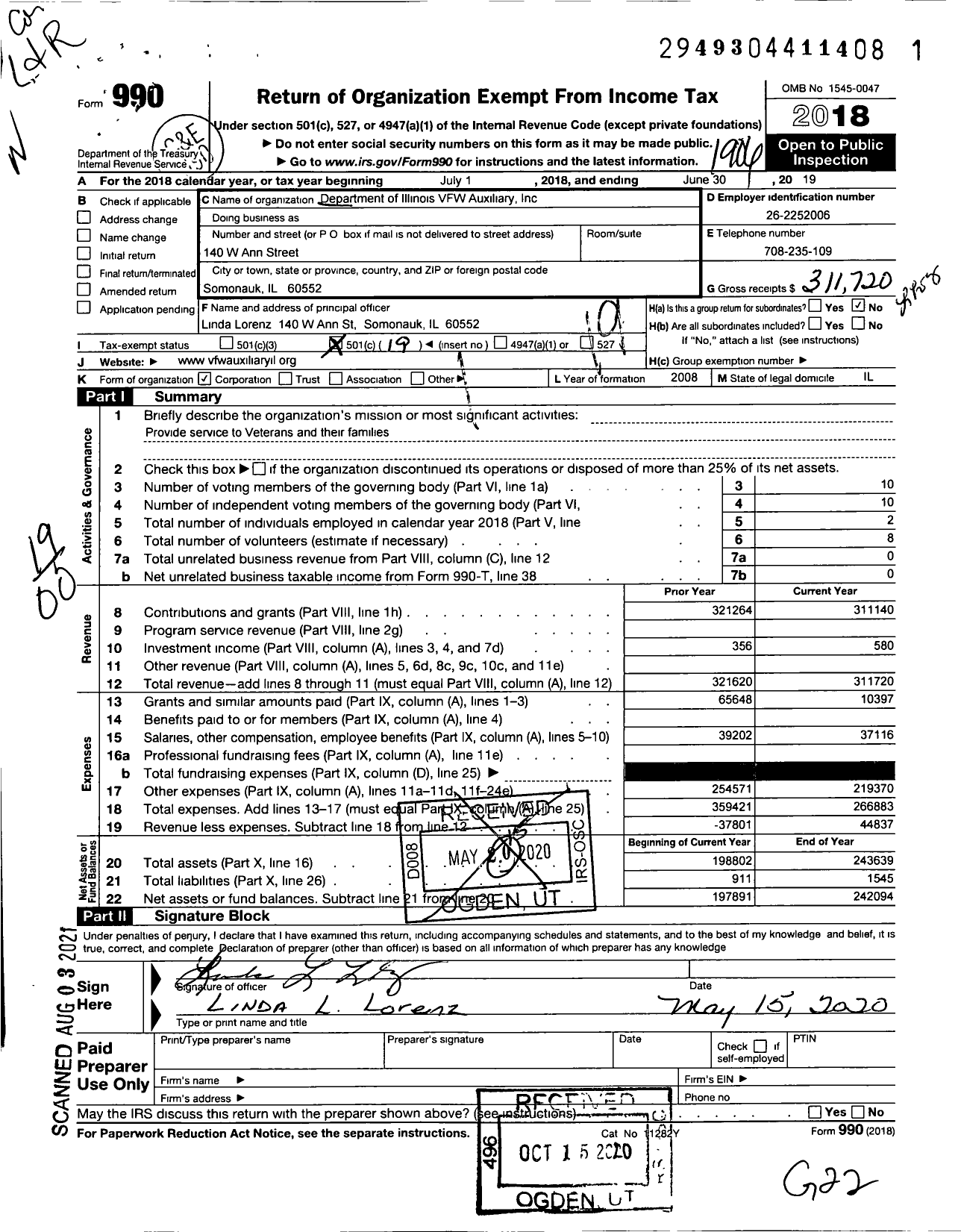 Image of first page of 2018 Form 990O for Department of Illinois VFW Auxiliary