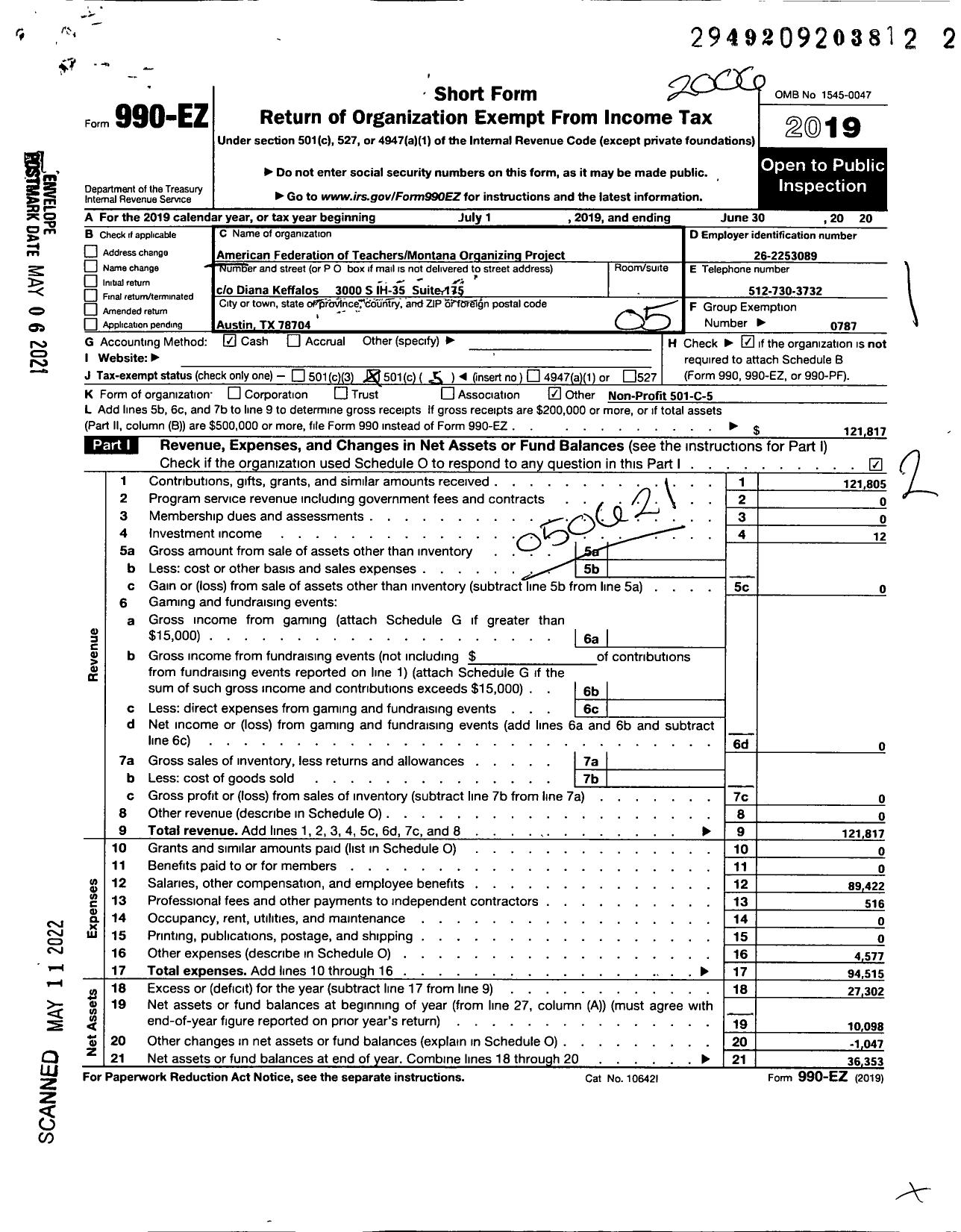 Image of first page of 2019 Form 990EO for AMERICAN FEDERATION OF TEACHERS - Montana Organizing Project