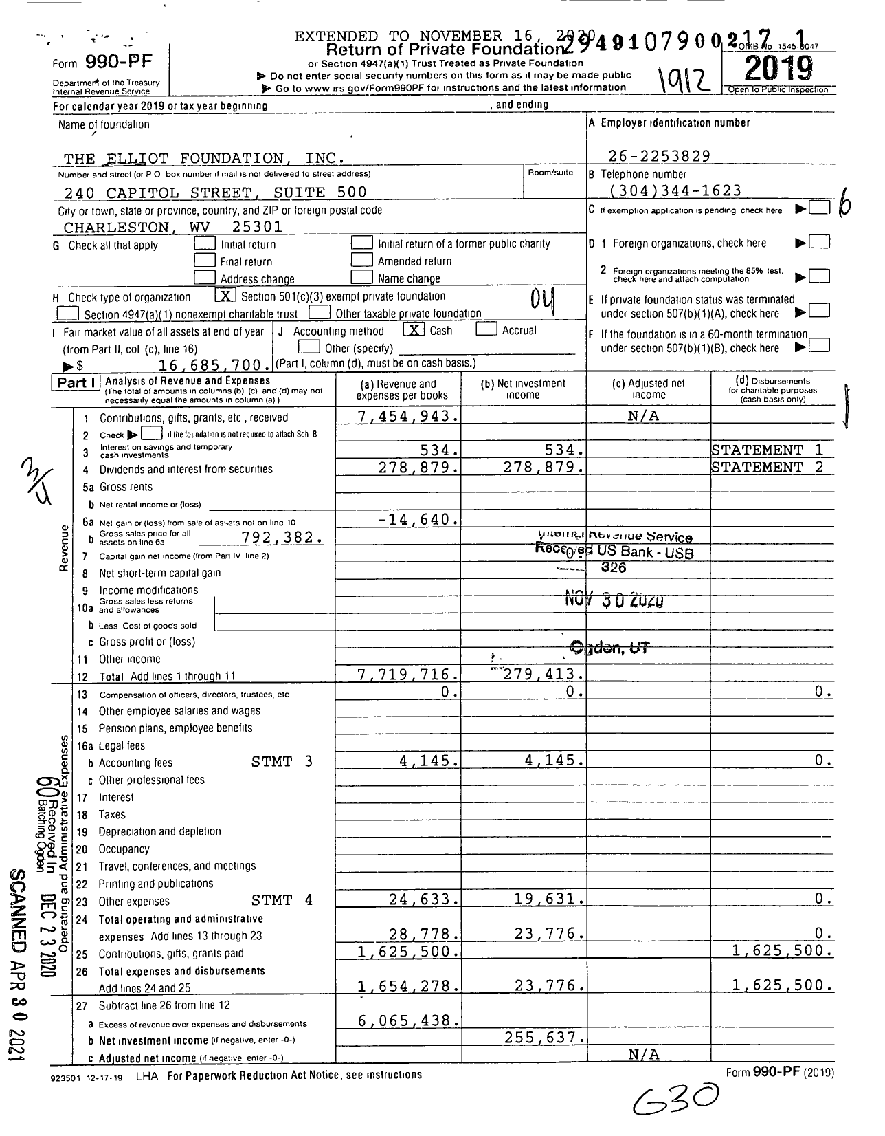 Image of first page of 2019 Form 990PF for The Elliot Foundation