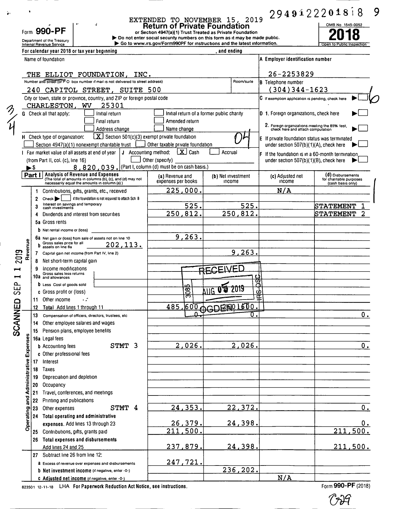 Image of first page of 2018 Form 990PF for The Elliot Foundation