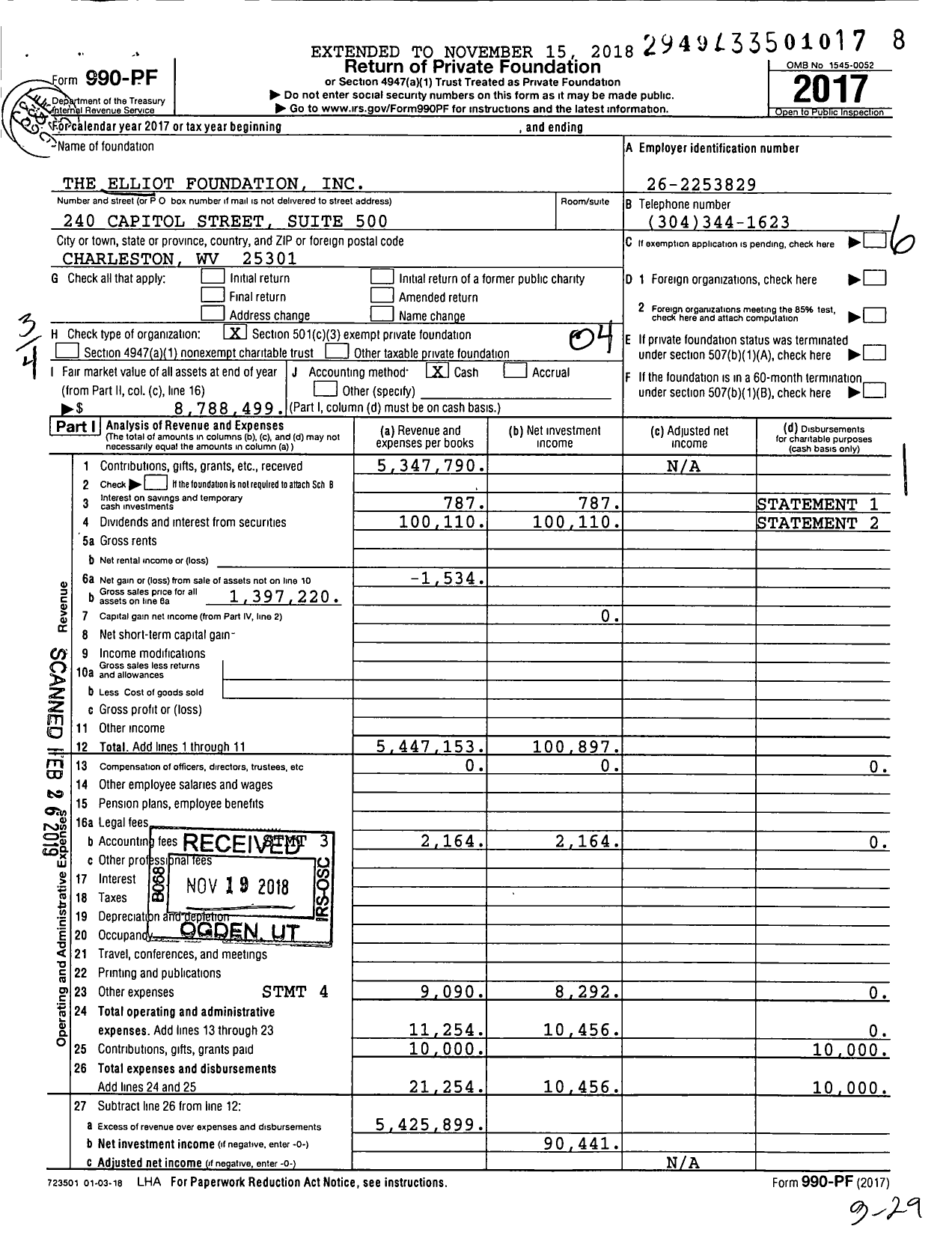 Image of first page of 2017 Form 990PF for The Elliot Foundation