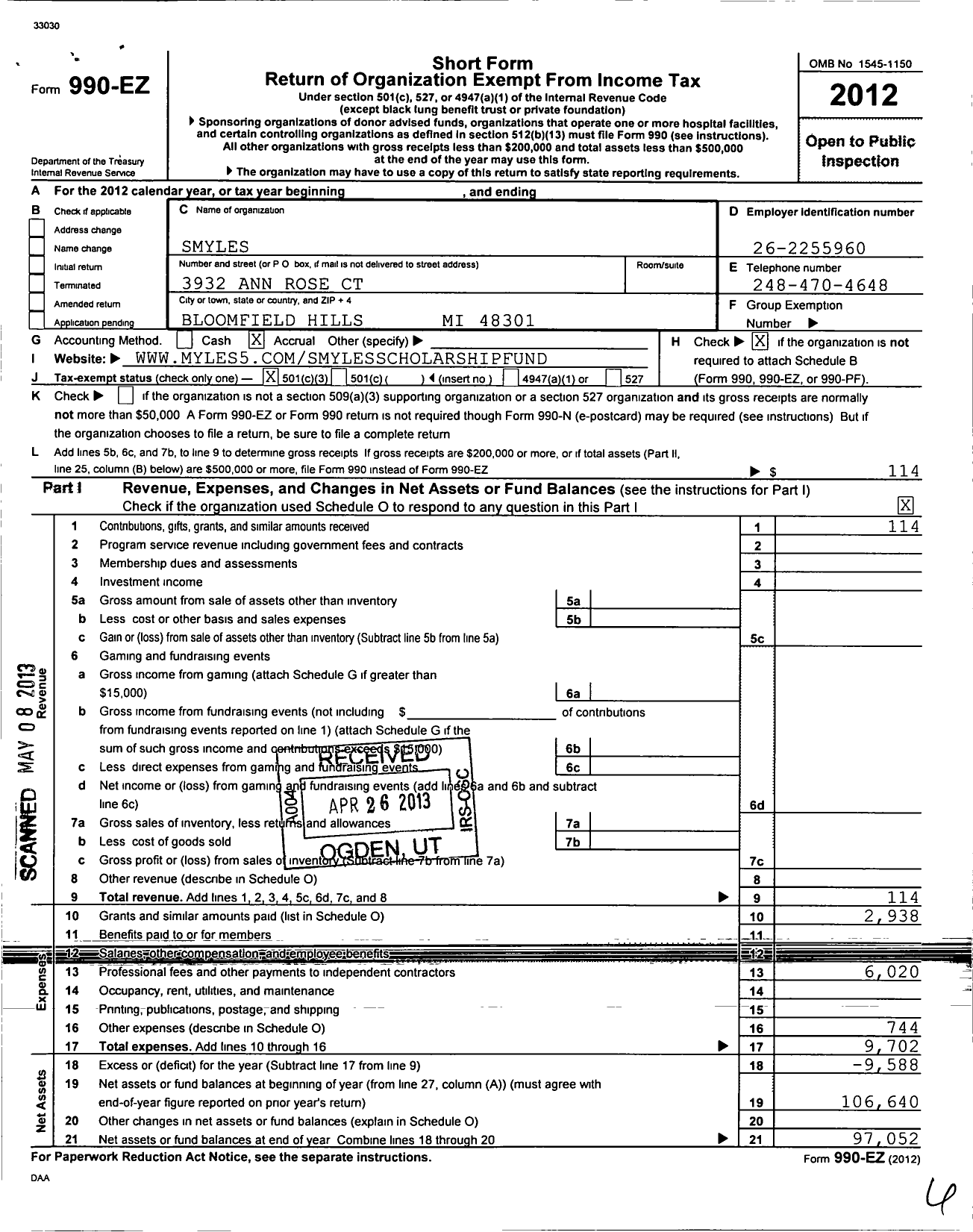 Image of first page of 2012 Form 990EZ for Smyles