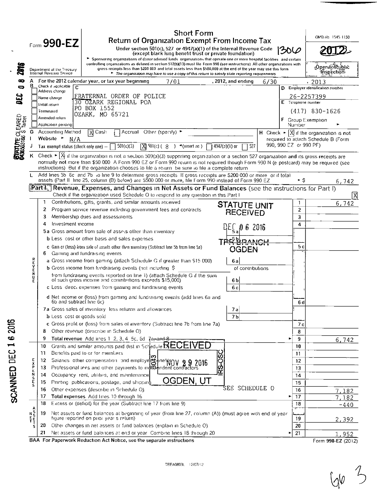 Image of first page of 2012 Form 990EO for Fraternal Order of Police - 30 Ozark Police Officers Assoc