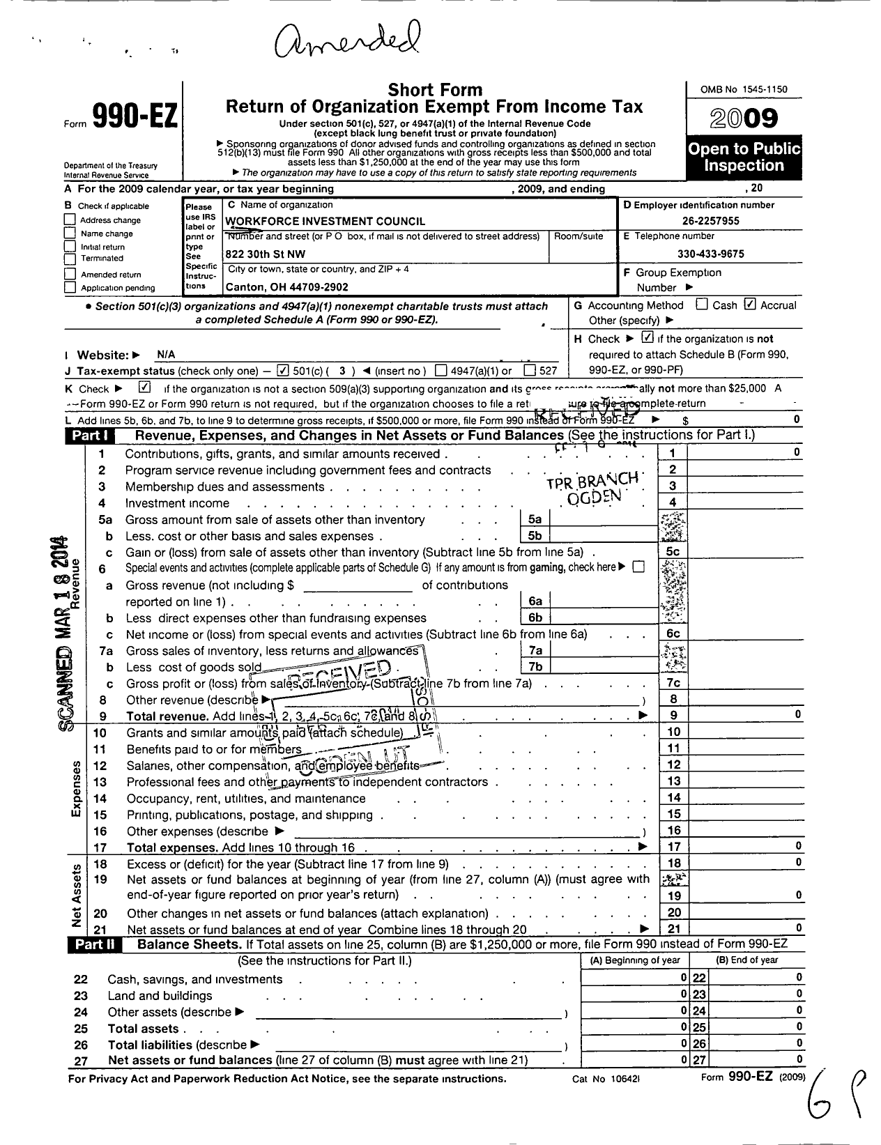 Image of first page of 2009 Form 990EZ for Workforce Investment Council