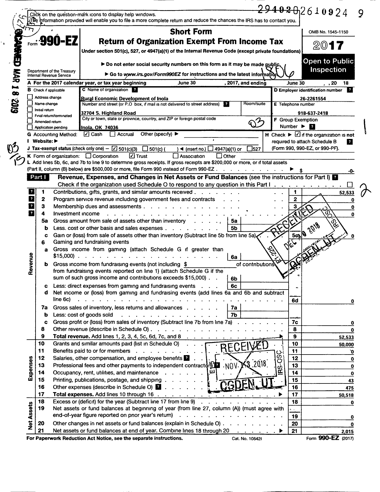 Image of first page of 2017 Form 990EZ for Rural Economic Development of Inola