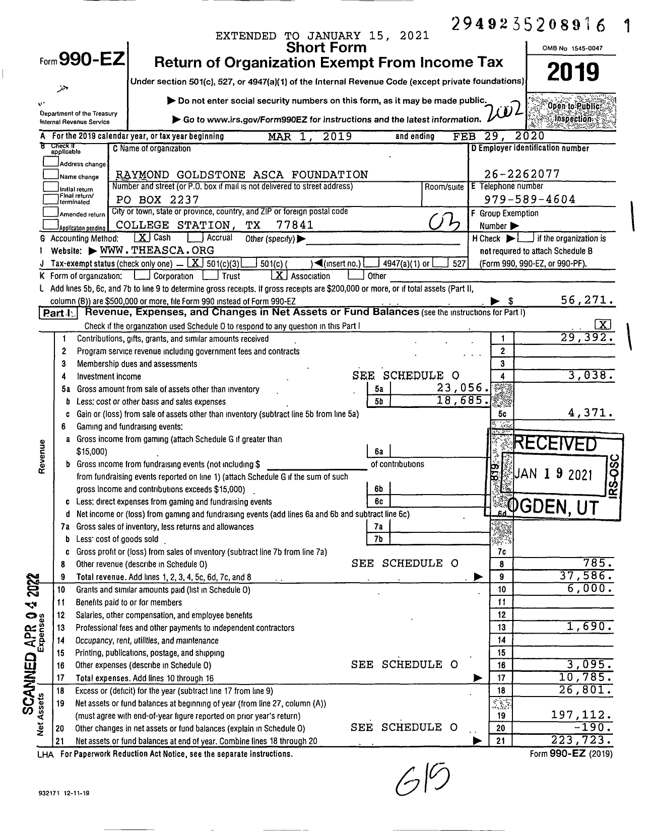 Image of first page of 2019 Form 990EZ for Raymond Goldstone Asca Foundation