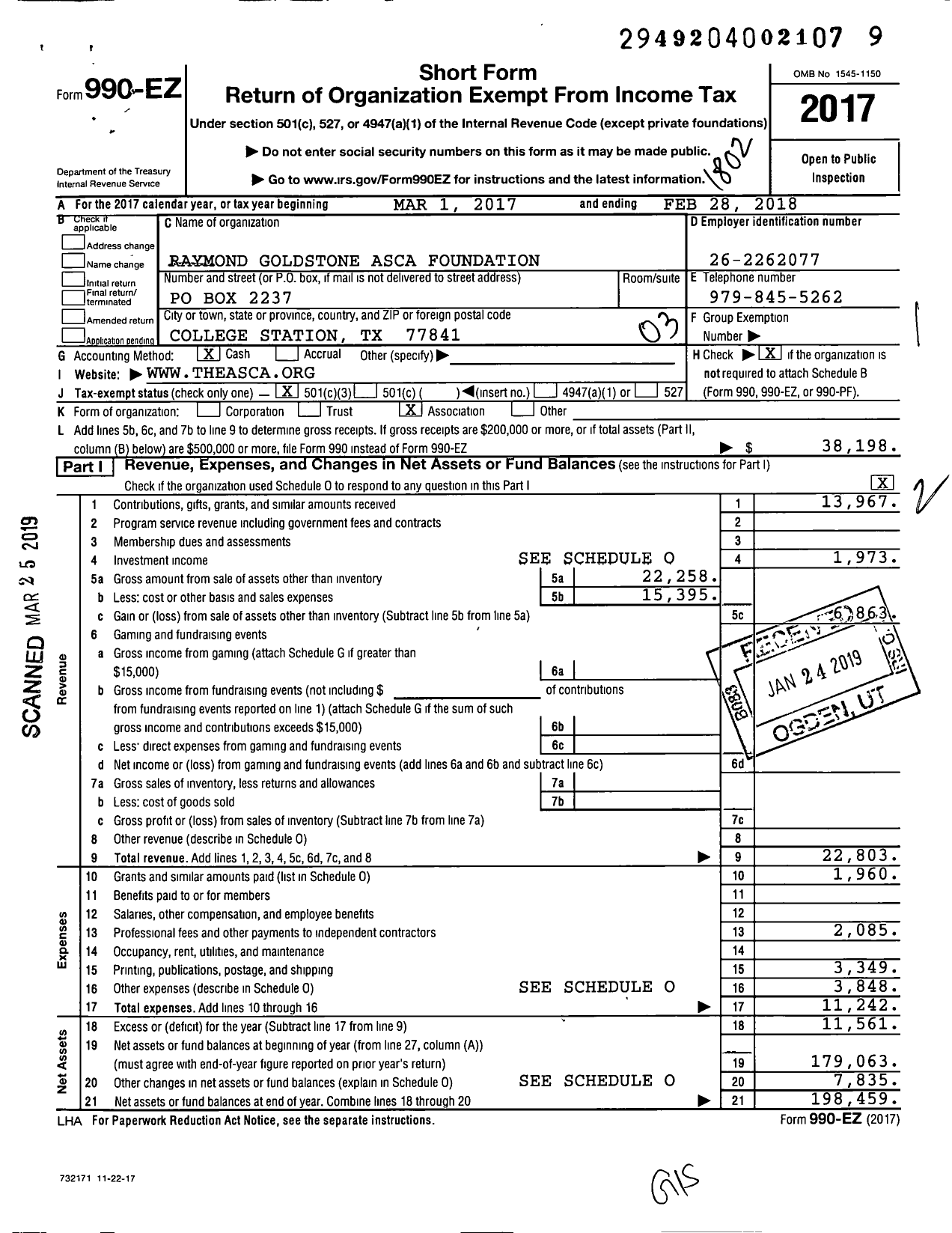 Image of first page of 2017 Form 990EZ for Raymond Goldstone Asca Foundation