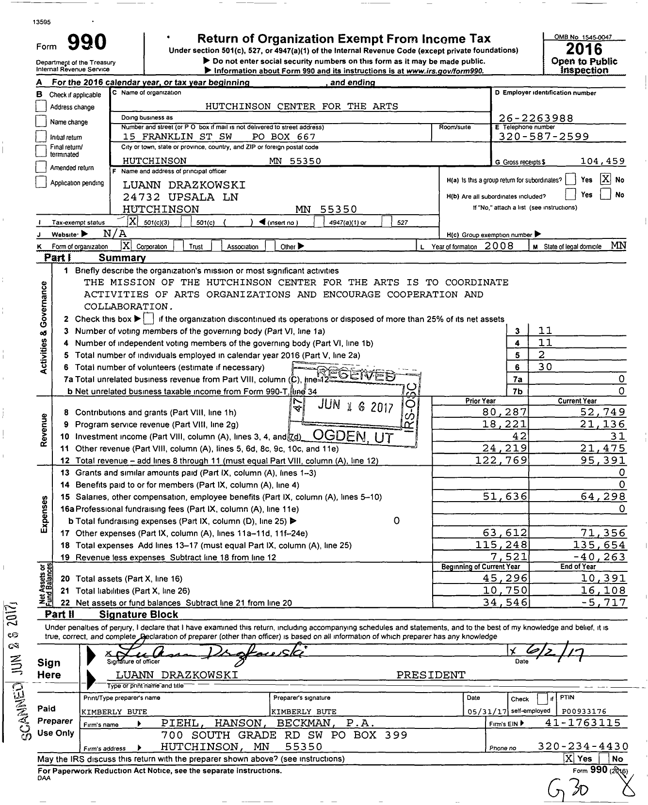 Image of first page of 2016 Form 990 for Hutchinson Center for the Arts