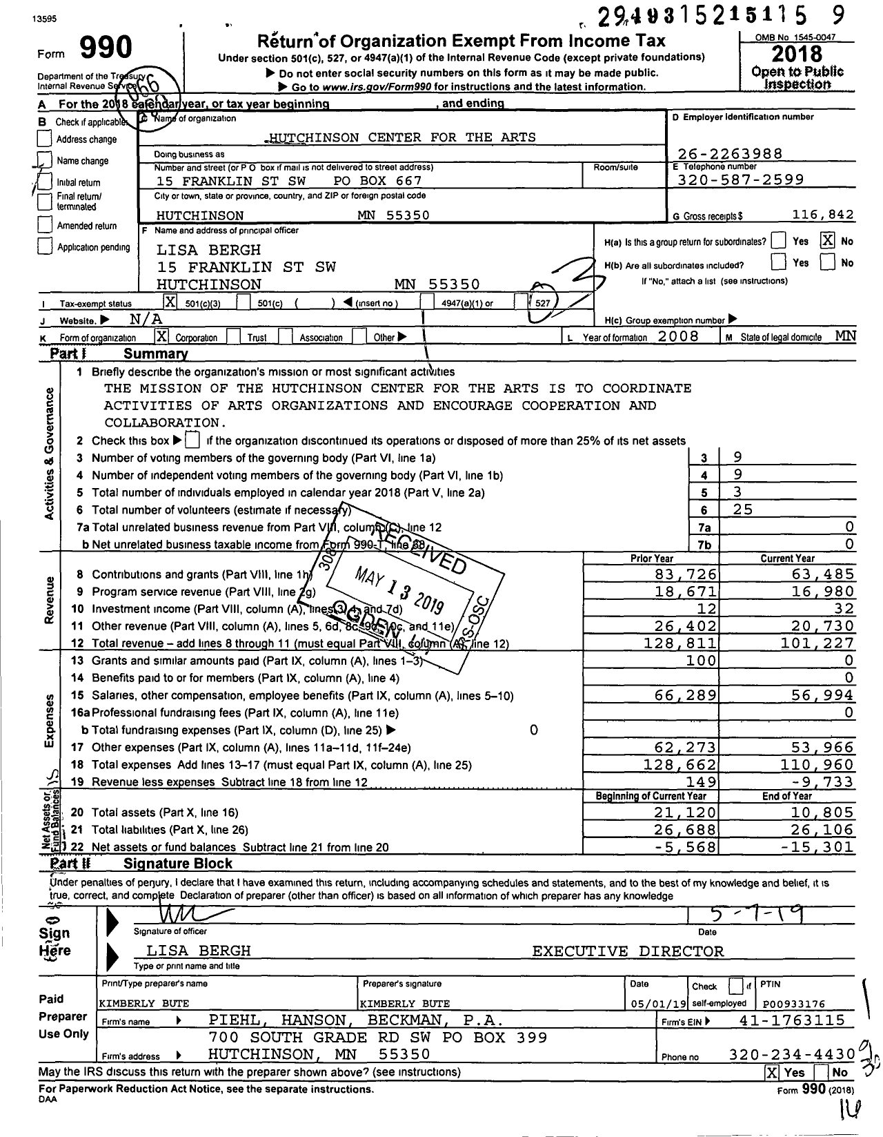 Image of first page of 2018 Form 990 for Hutchinson Center for the Arts