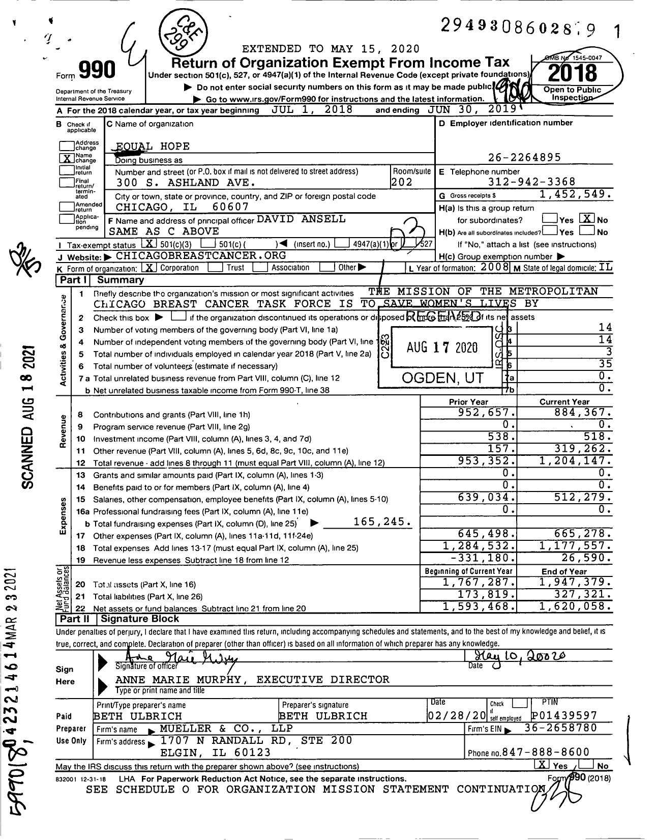 Image of first page of 2018 Form 990 for Equal Hope