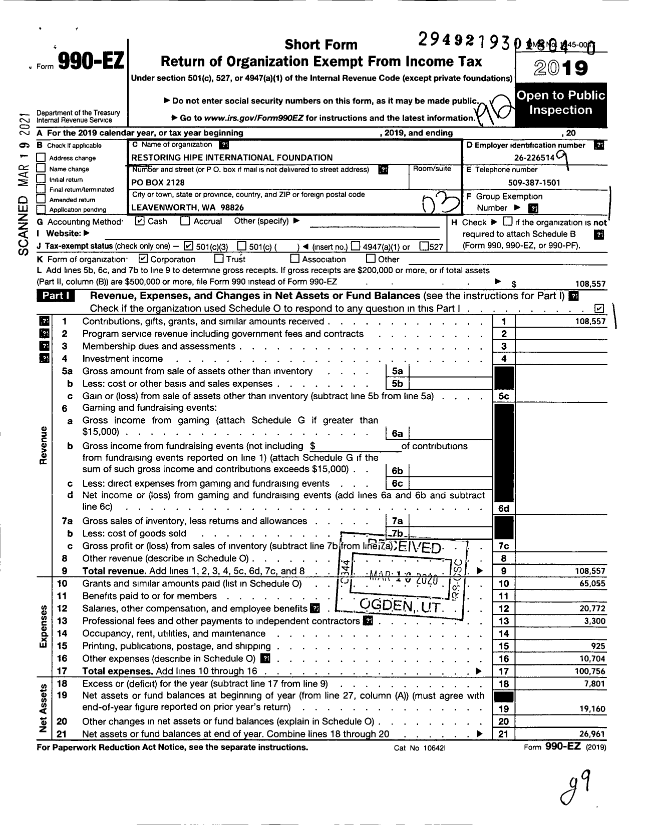 Image of first page of 2019 Form 990EZ for RESTORING HoPE INTERNATIONAL FOUNDATION