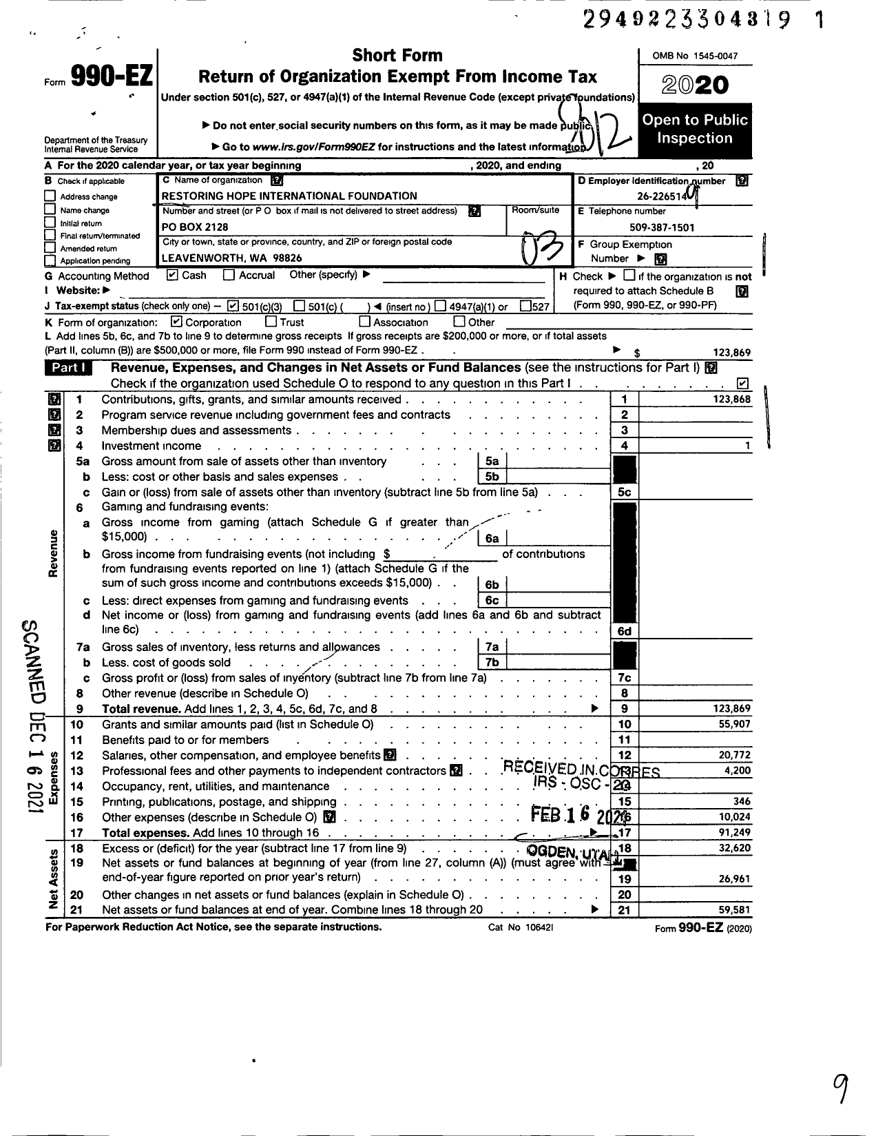 Image of first page of 2020 Form 990EZ for RESTORING HoPE INTERNATIONAL FOUNDATION