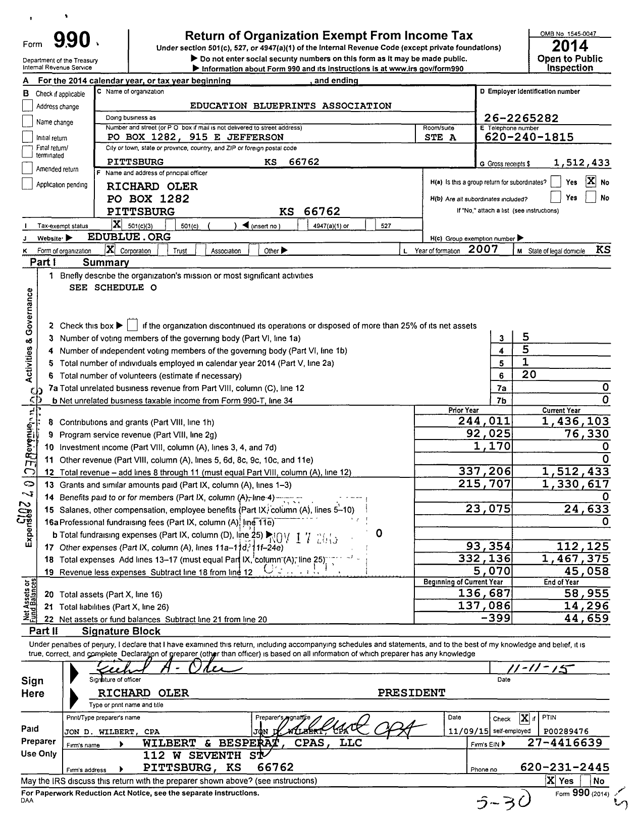 Image of first page of 2014 Form 990 for Education Blueprints Association