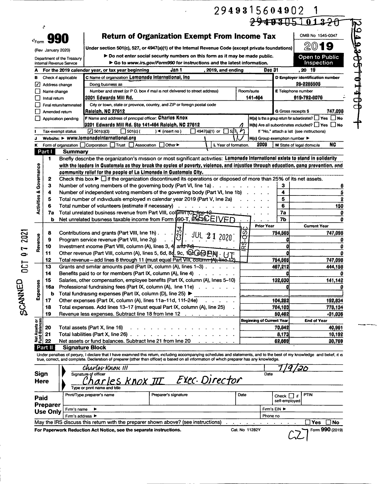 Image of first page of 2019 Form 990 for Lemonade International