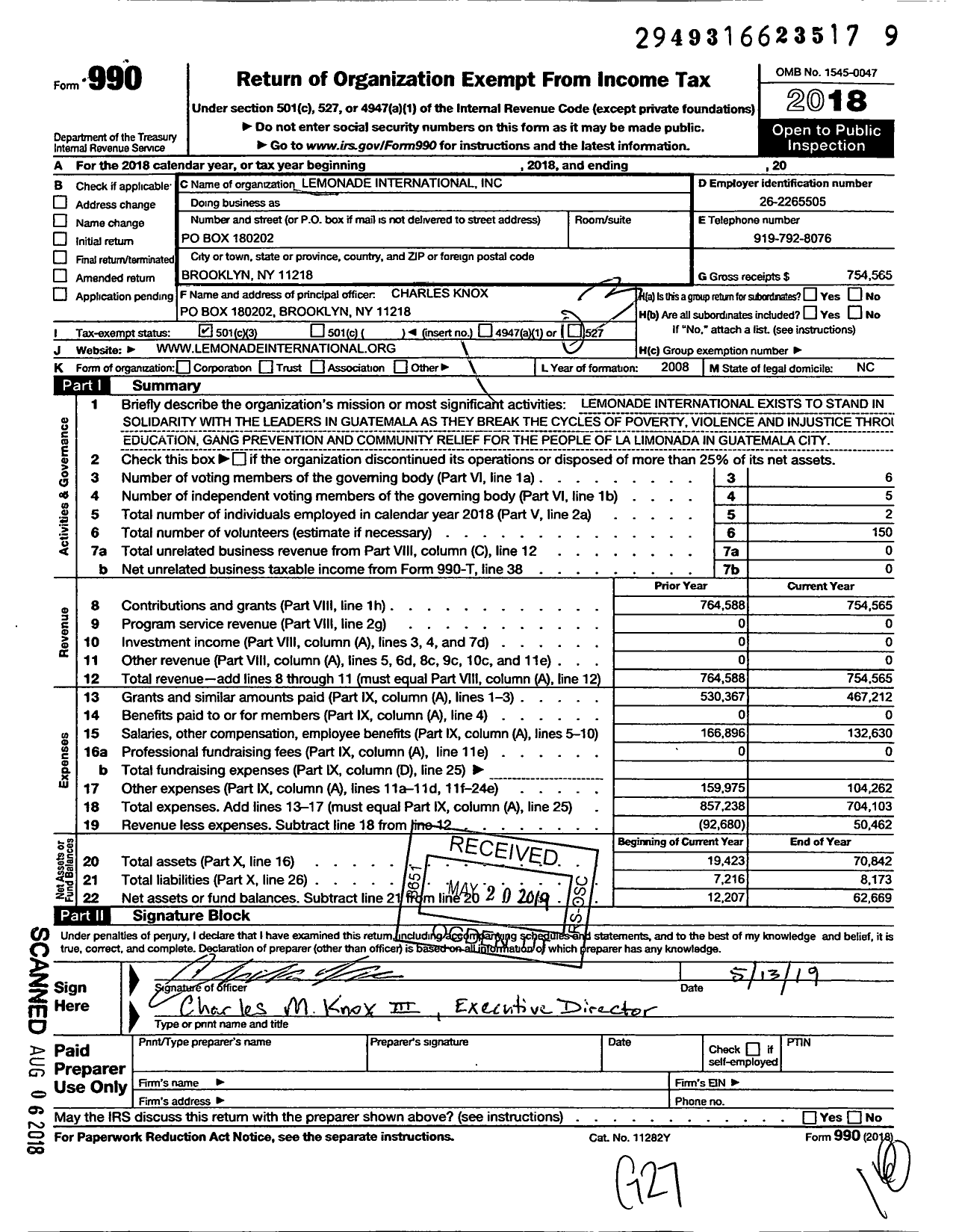 Image of first page of 2018 Form 990 for Lemonade International