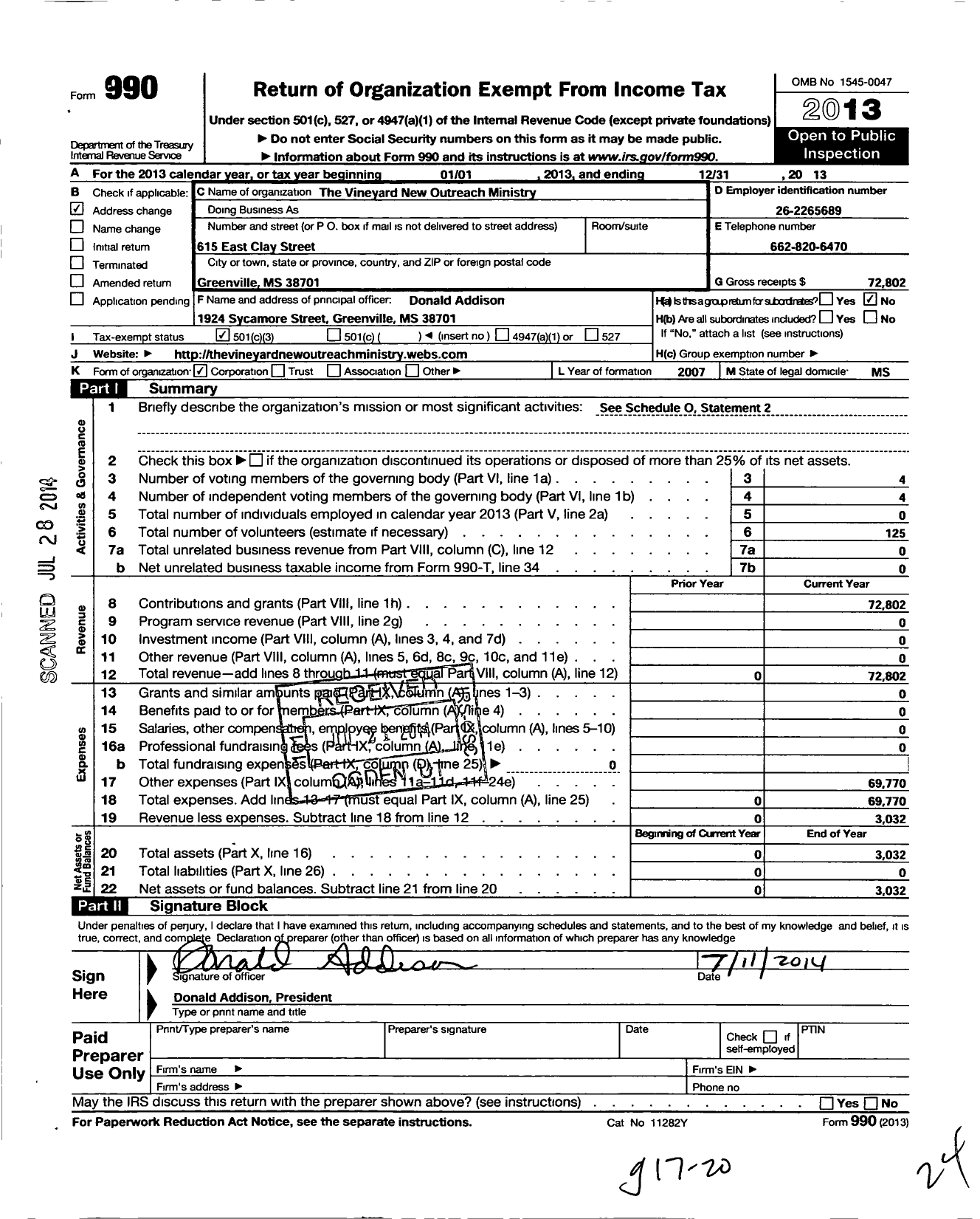 Image of first page of 2013 Form 990 for The Vineyard New Outreach Ministry