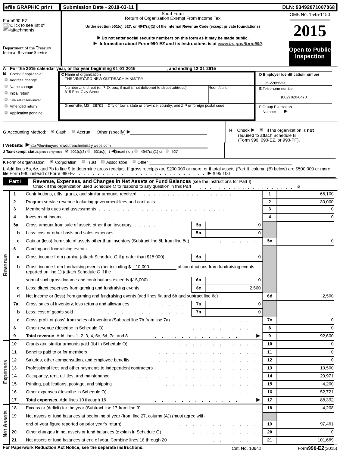 Image of first page of 2015 Form 990EZ for The Vineyard New Outreach Ministry