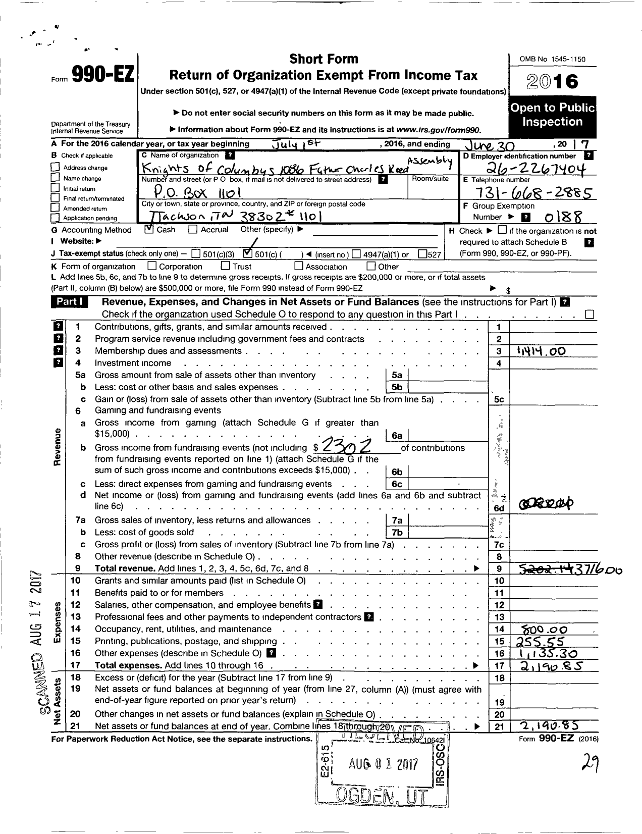 Image of first page of 2016 Form 990EO for KNIGHTS OF COLUMBUS - 1086 Father Charles Reed Assembly