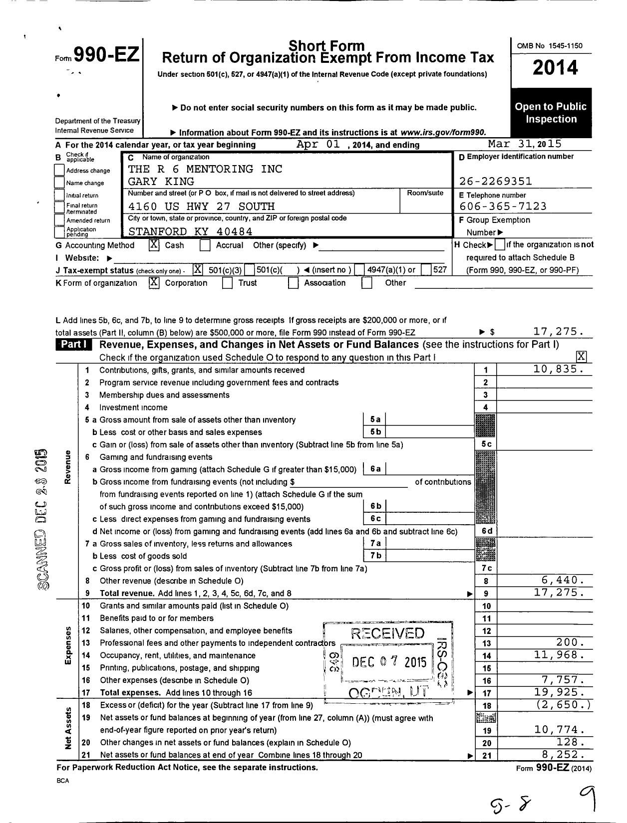 Image of first page of 2014 Form 990EZ for R 6 Mentoring