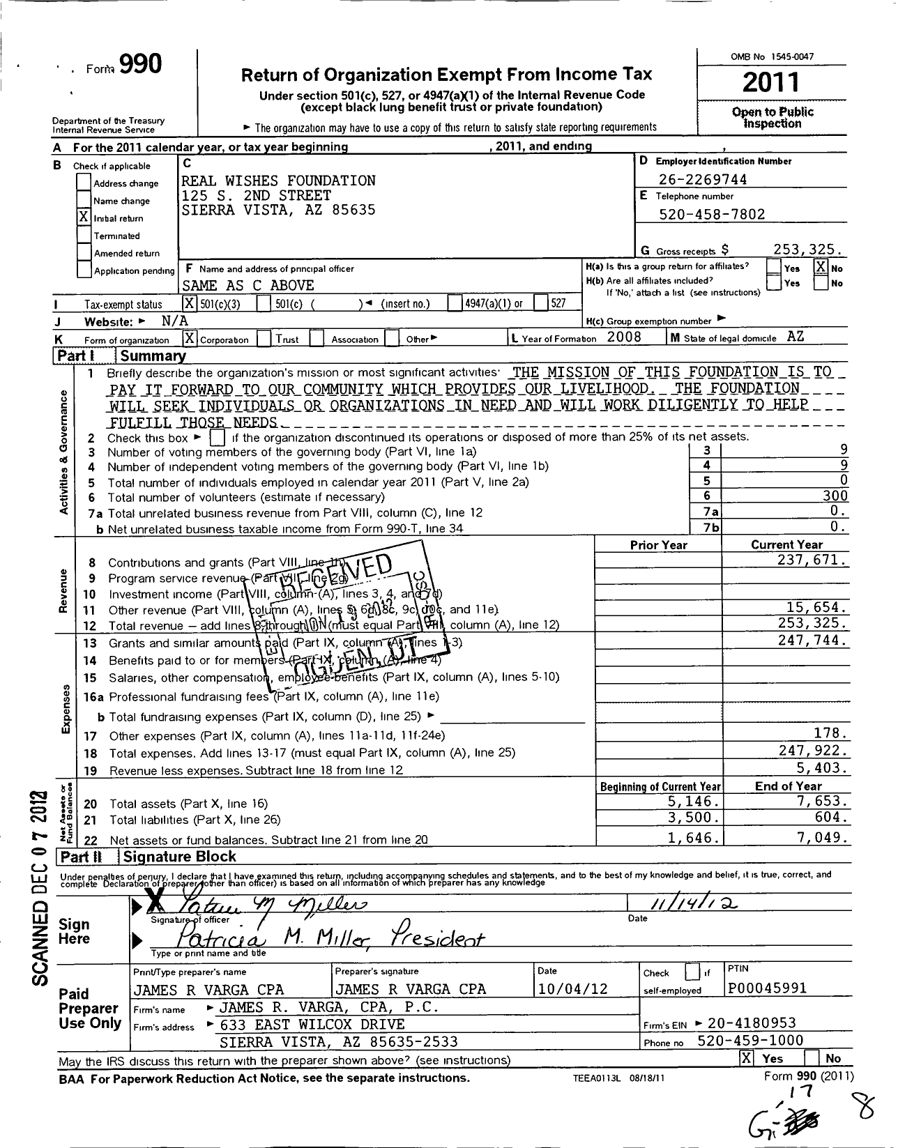 Image of first page of 2011 Form 990 for The Real Wishes Foundation