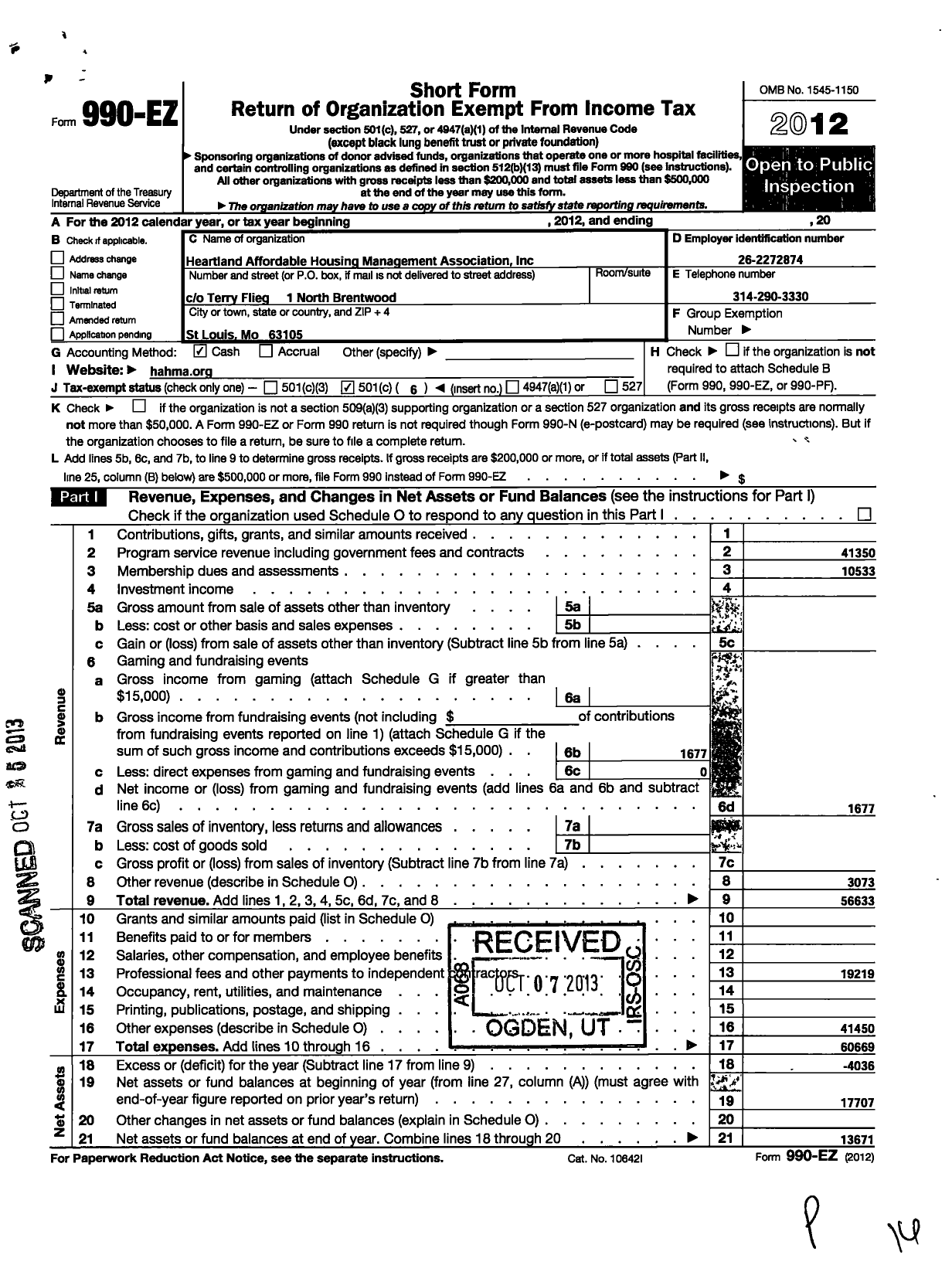 Image of first page of 2012 Form 990EO for Heartland Affordable Housing Management Association (HAHMA)