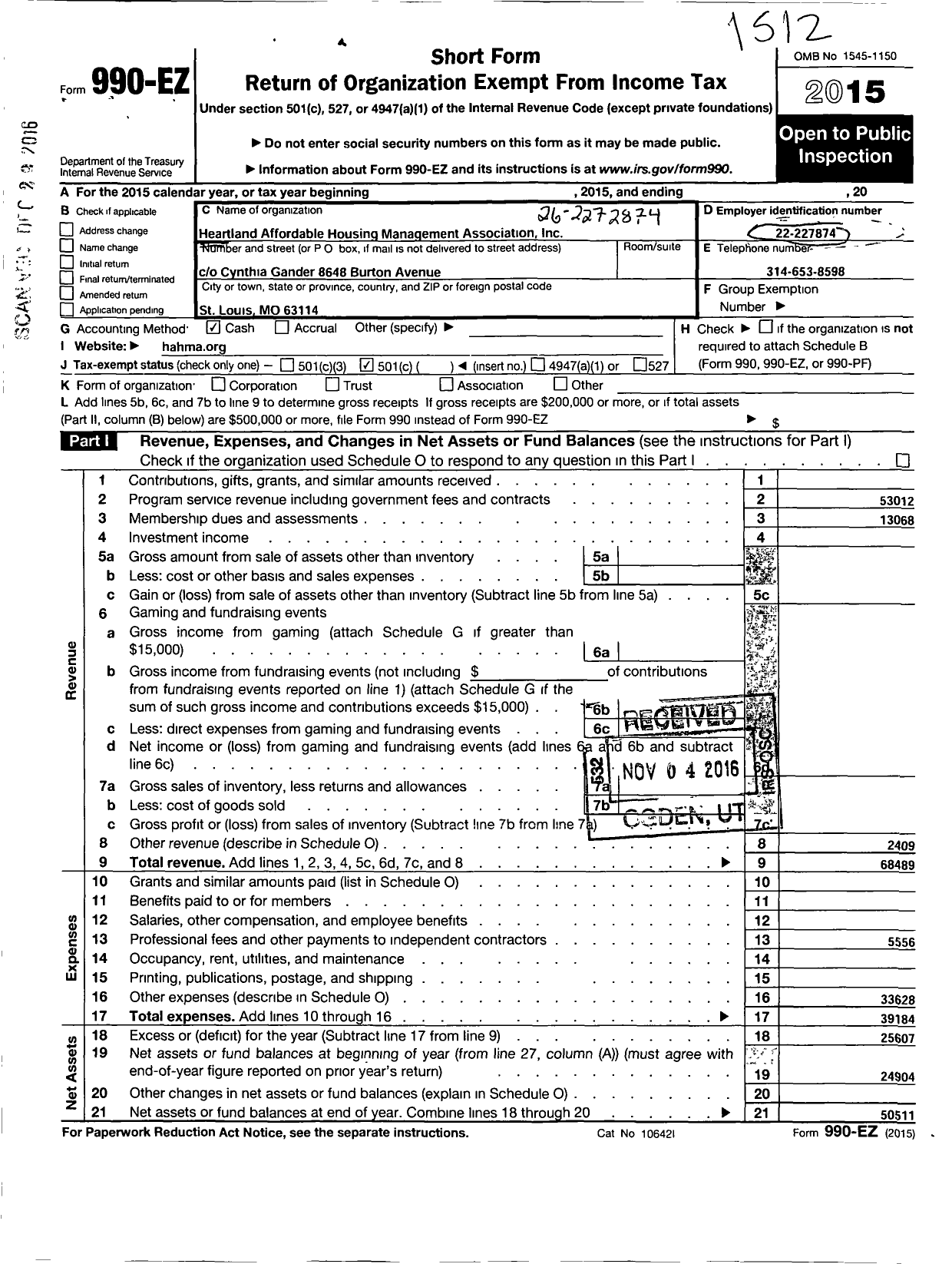 Image of first page of 2015 Form 990EO for Heartland Affordable Housing Management Association (HAHMA)