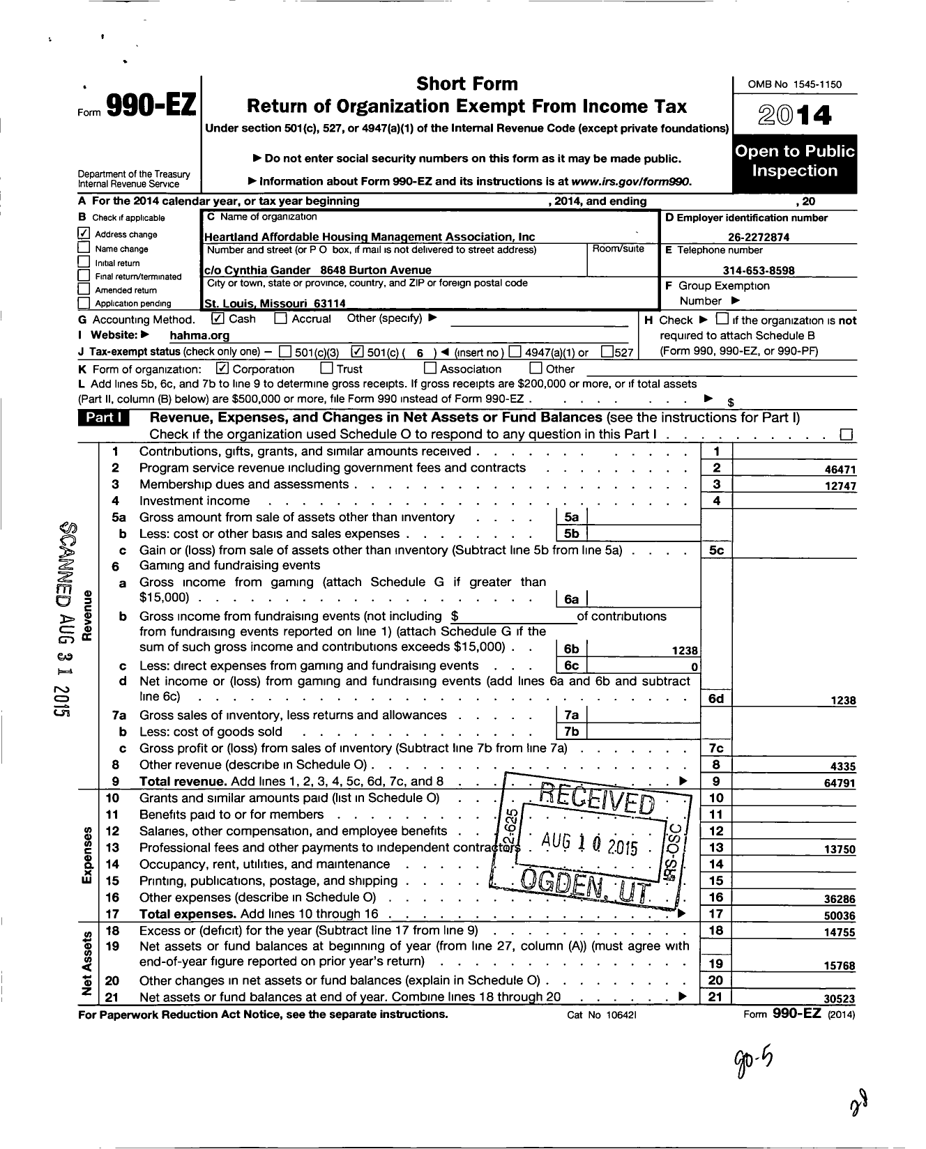 Image of first page of 2014 Form 990EO for Heartland Affordable Housing Management Association (HAHMA)