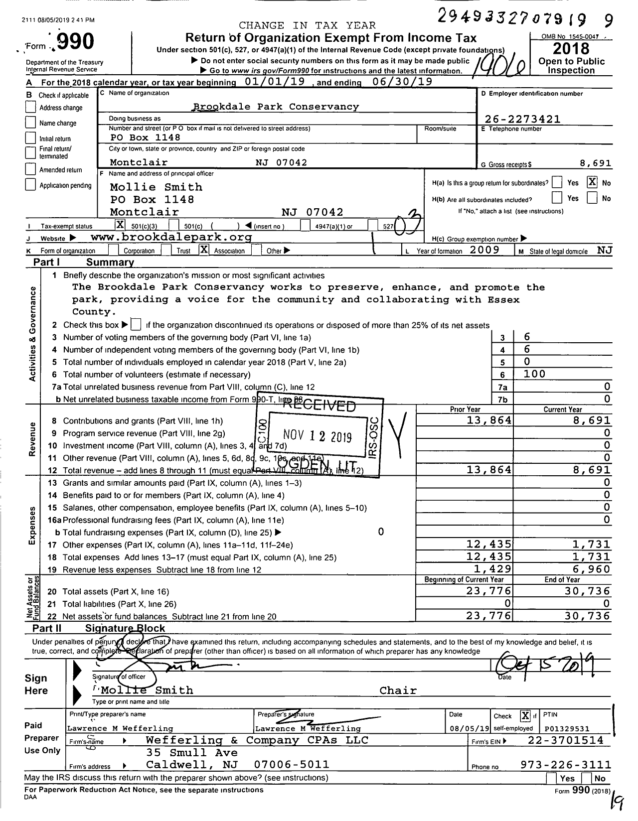 Image of first page of 2018 Form 990 for Brookdale Park Conservancy