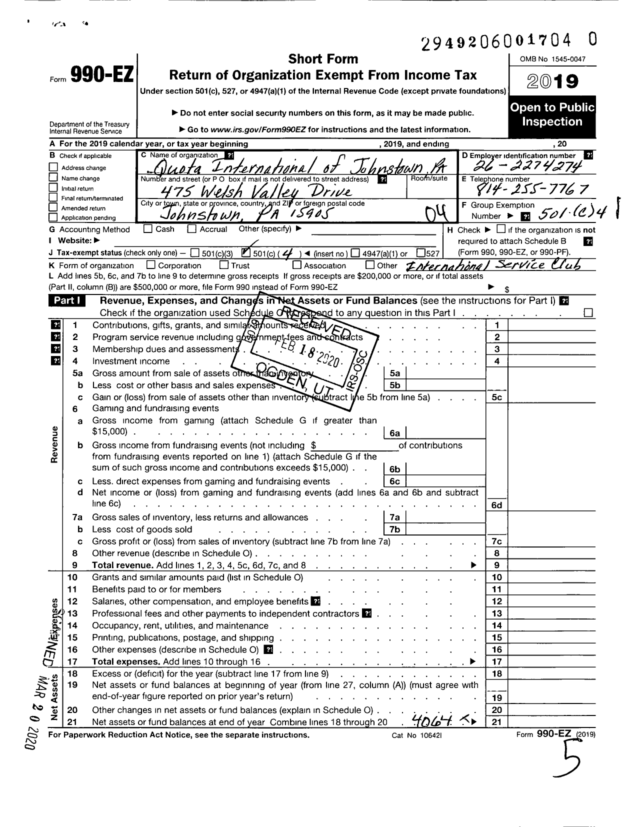 Image of first page of 2019 Form 990EO for Quota Club International / Johnstown