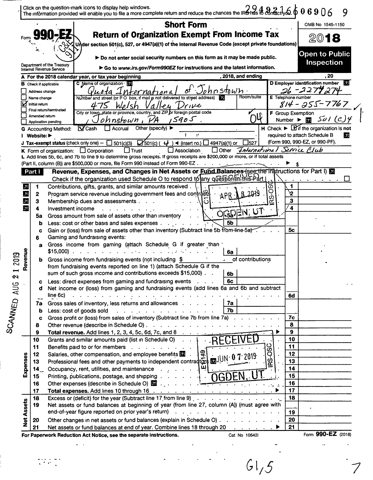 Image of first page of 2018 Form 990EO for Quota Club International / Johnstown