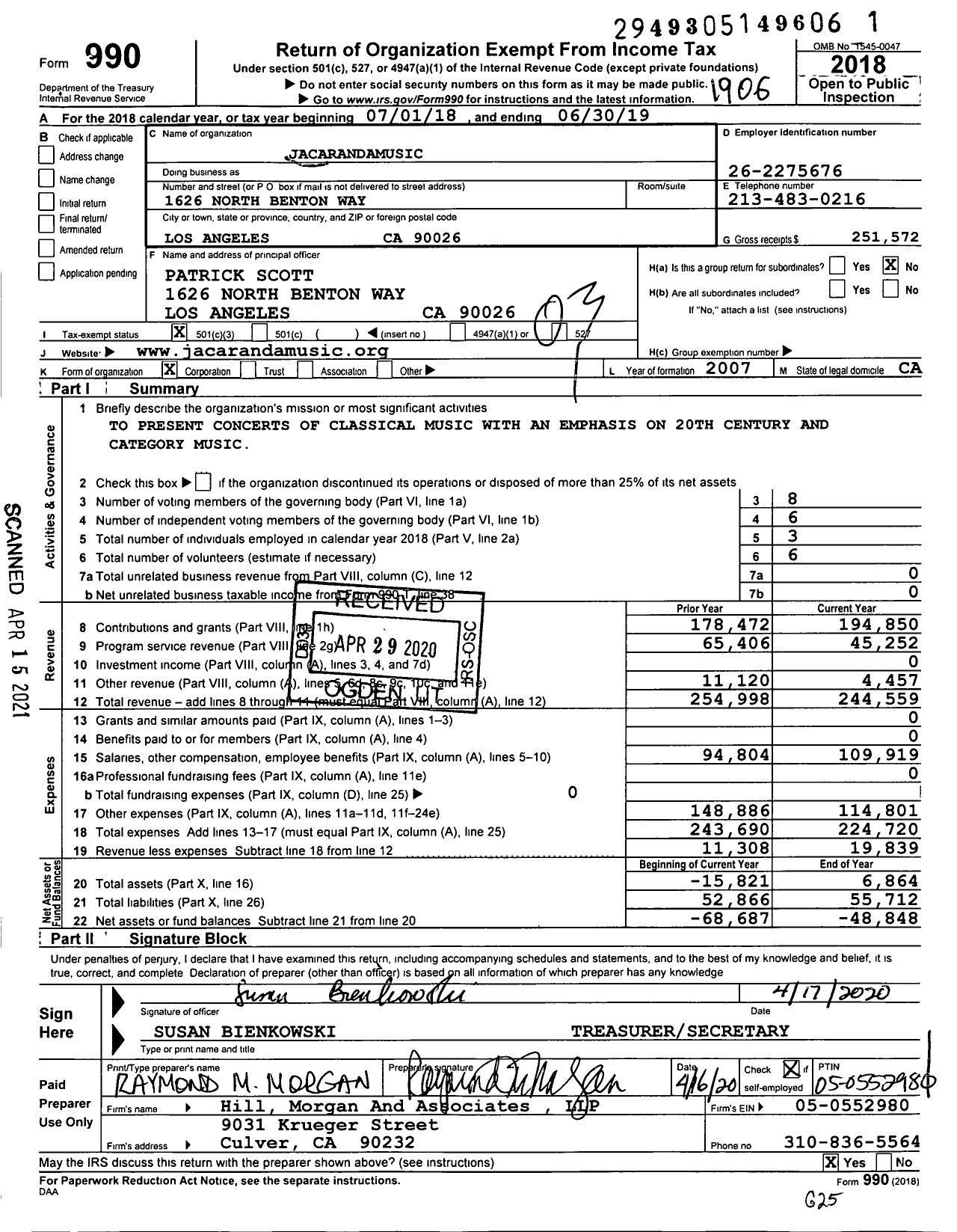 Image of first page of 2018 Form 990 for JacarandaMusic