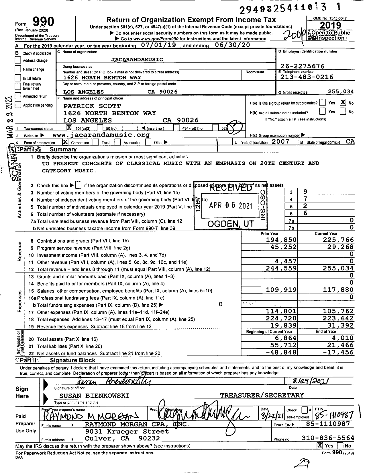 Image of first page of 2019 Form 990 for JacarandaMusic